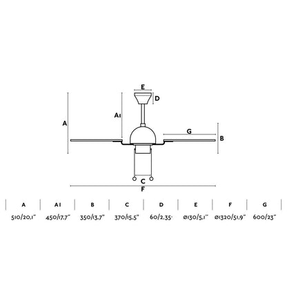 Ventilador de techo Cuba L marrón modelo 33352 de FARO, medidas detalladas con diámetro 142 cm para techos inclinados, ventilación eficiente sin luz en habitaciones grandes, 3 velocidades y función inversa.