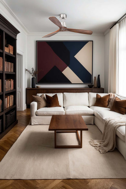 Ventilador de techo Lantau L en níquel mate y nogal de FARO modelo 33370DCWT en ambiente de sala moderna, ventilación eficiente con motor DC, sin luz, compatible smart home TUYA, diseño madera natural