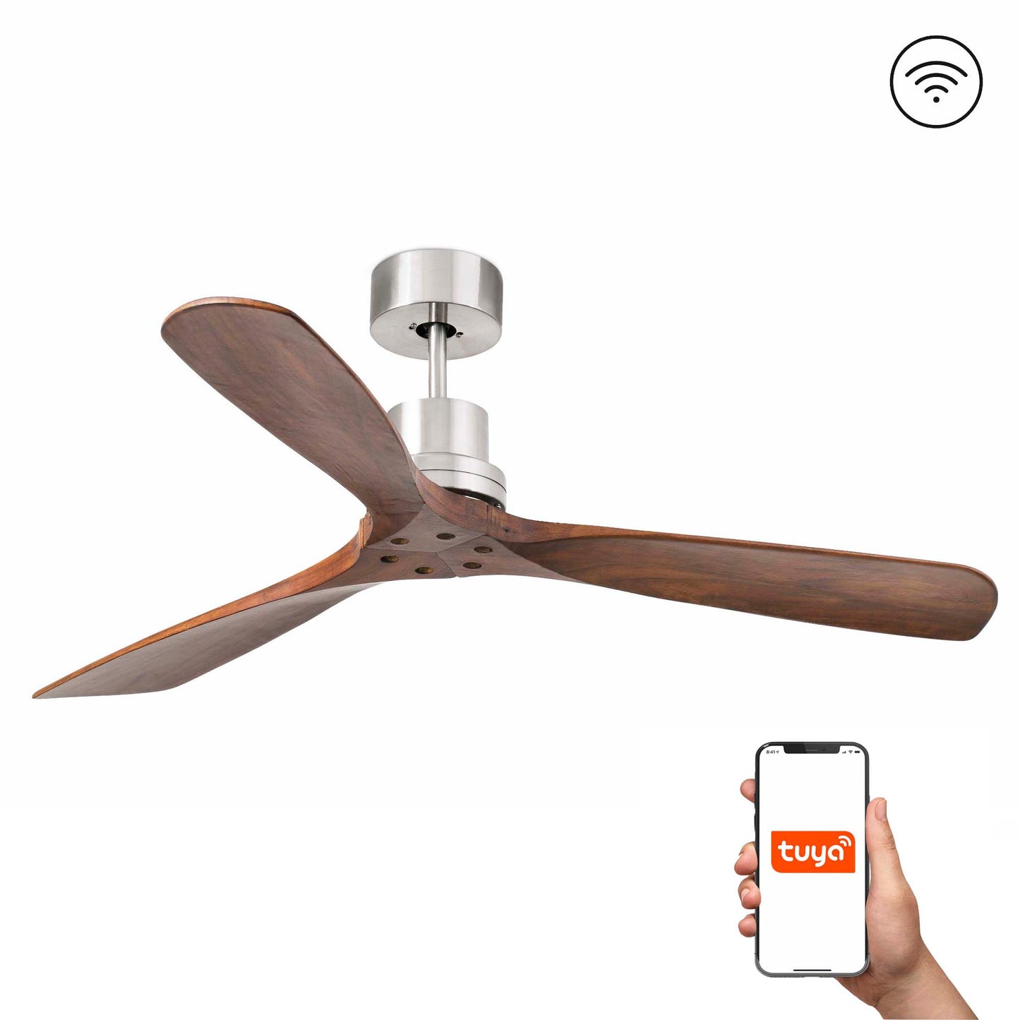 Ventilador de techo LANTAU L en níquel mate y nogal, modelo 33370DCWT de FARO con motor DC, compatible smart home TUYA, sin luz, ventilación madera