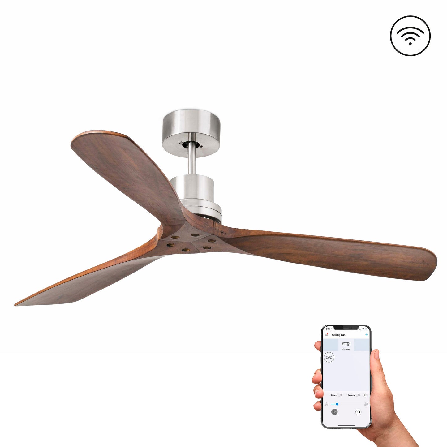 Ventilador de techo Lantau L níquel mate y nogal FARO 33370DCWW, motor DC silencioso, sin luz, madera de pino, mando a distancia y función inversa