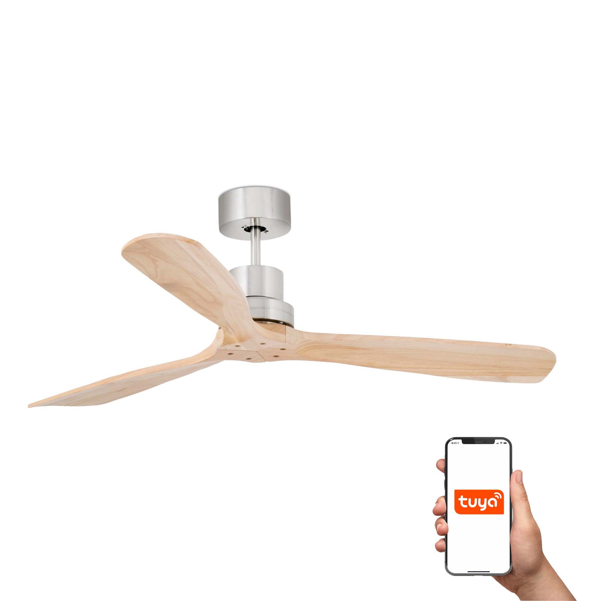 Ventilador de techo Lantau L níquel mate con aspas de pino, modelo 33373DCWT de Faro, motor DC sin luz, compatible TUYA para hogar inteligente y ventilación FSC