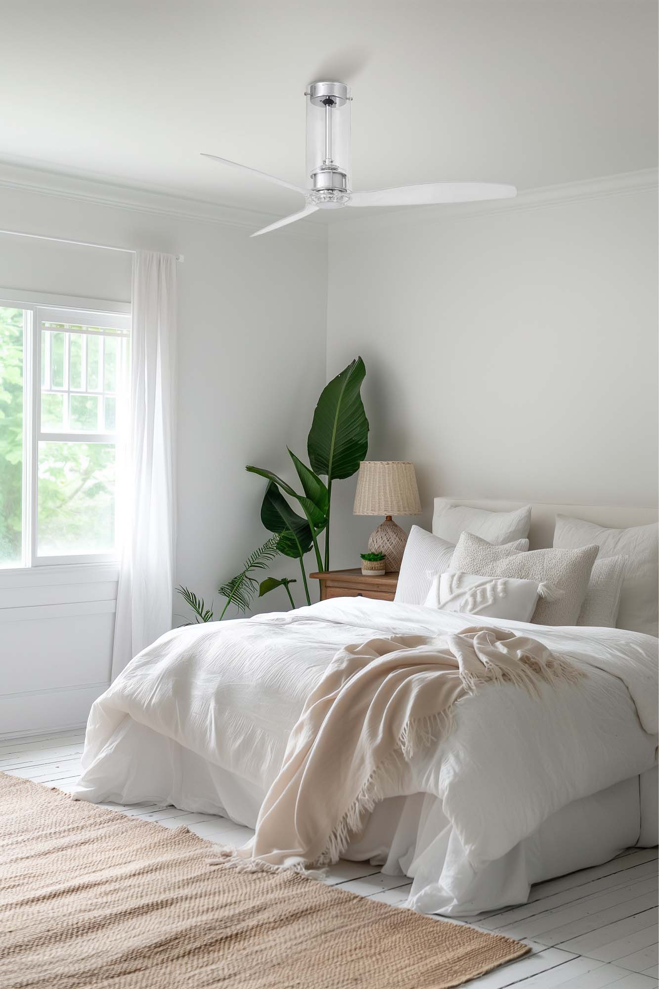 Ventilador de techo TUBE FAN M transparente de FARO modelo 33374 en ambiente moderno de sala luminosa, diseño minimalista sin luz integrada, motor DC de bajo consumo con función inversa y mando a distancia para ventilación eficiente.