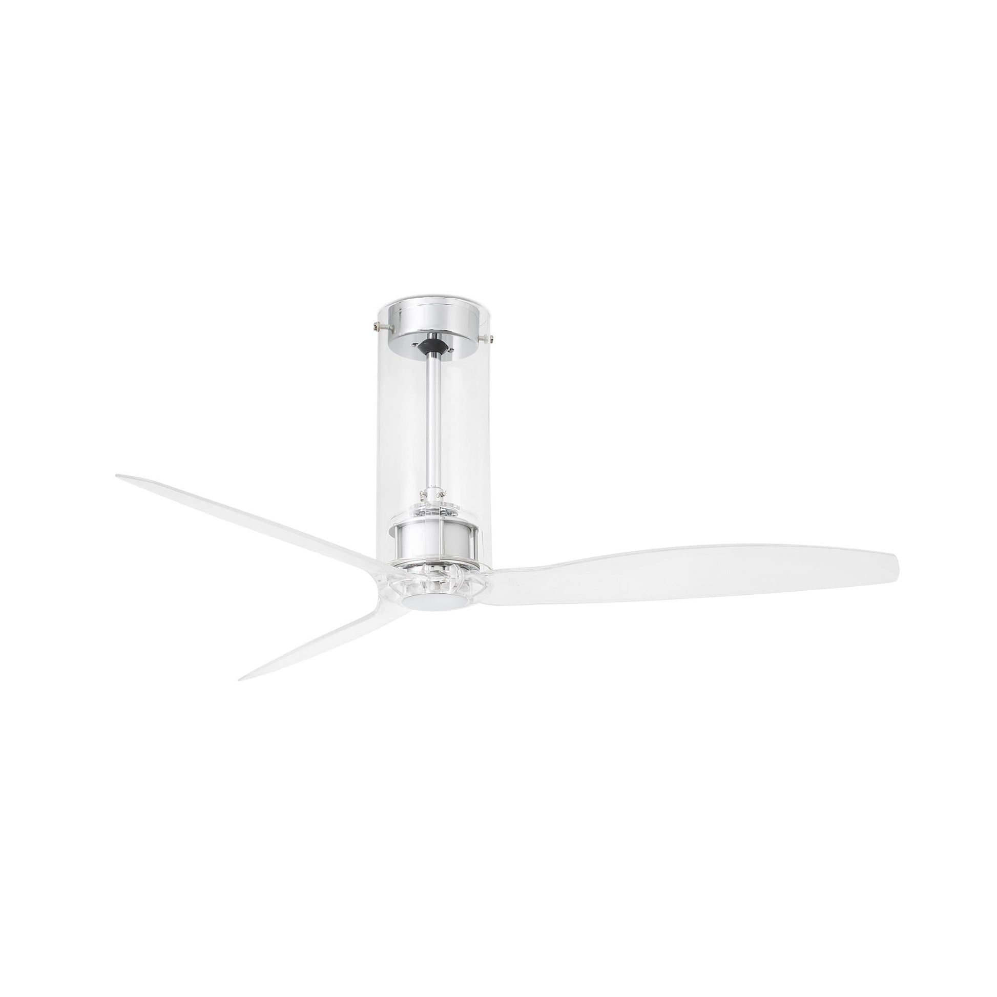 Ventilador de techo TUBE FAN M transparente de FARO modelo 33374, diseño moderno sin luz integrada, motor DC de bajo consumo energético, función inversa para ventilación eficiente en verano e invierno, control por mando a distancia incluido