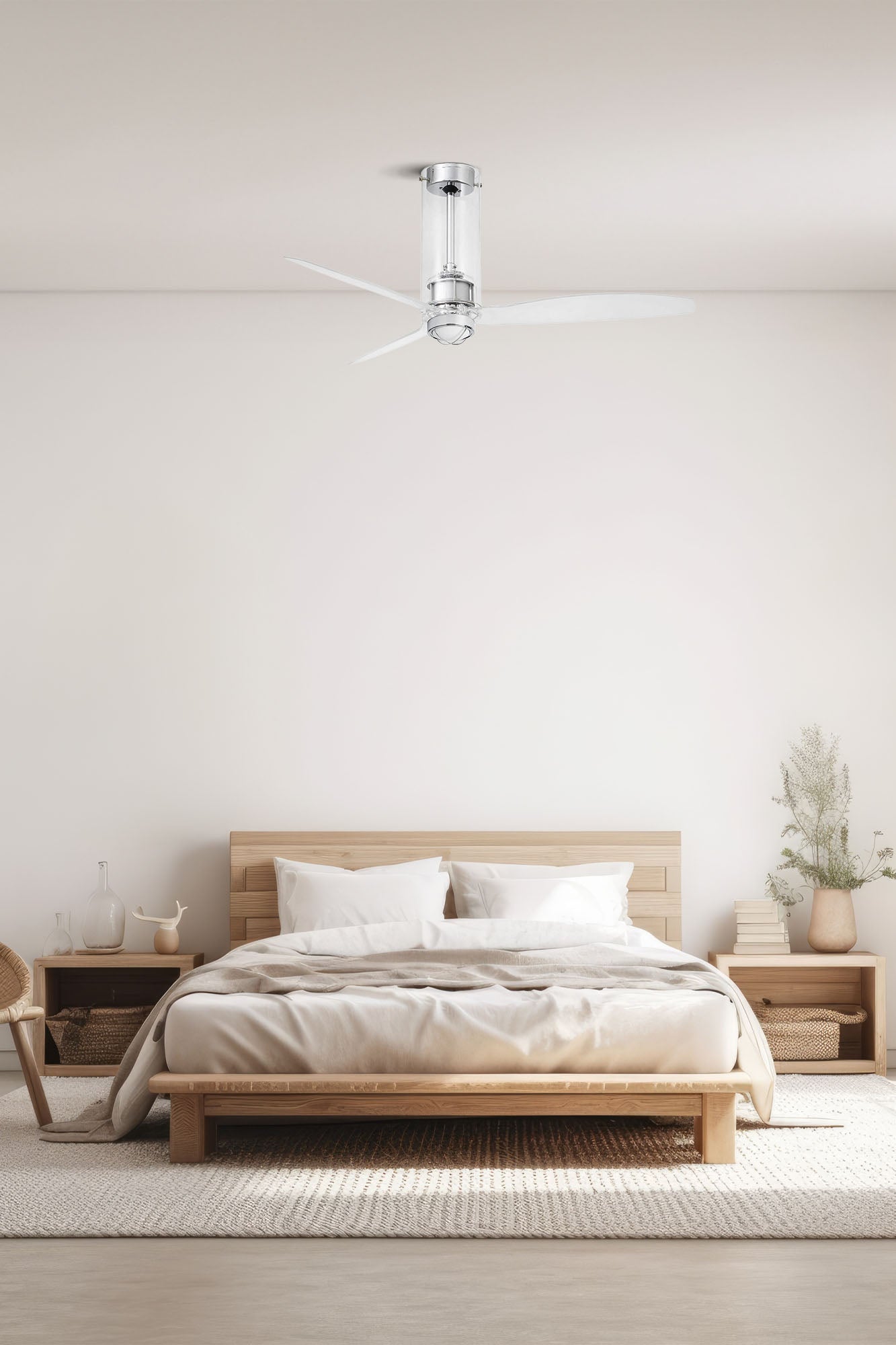 Ventilador de techo con luz LED Tube Fan M transparente FARO 33374WW-9 en ambiente hogareño, ventilación LED integrada cromada, motor DC y mando a distancia