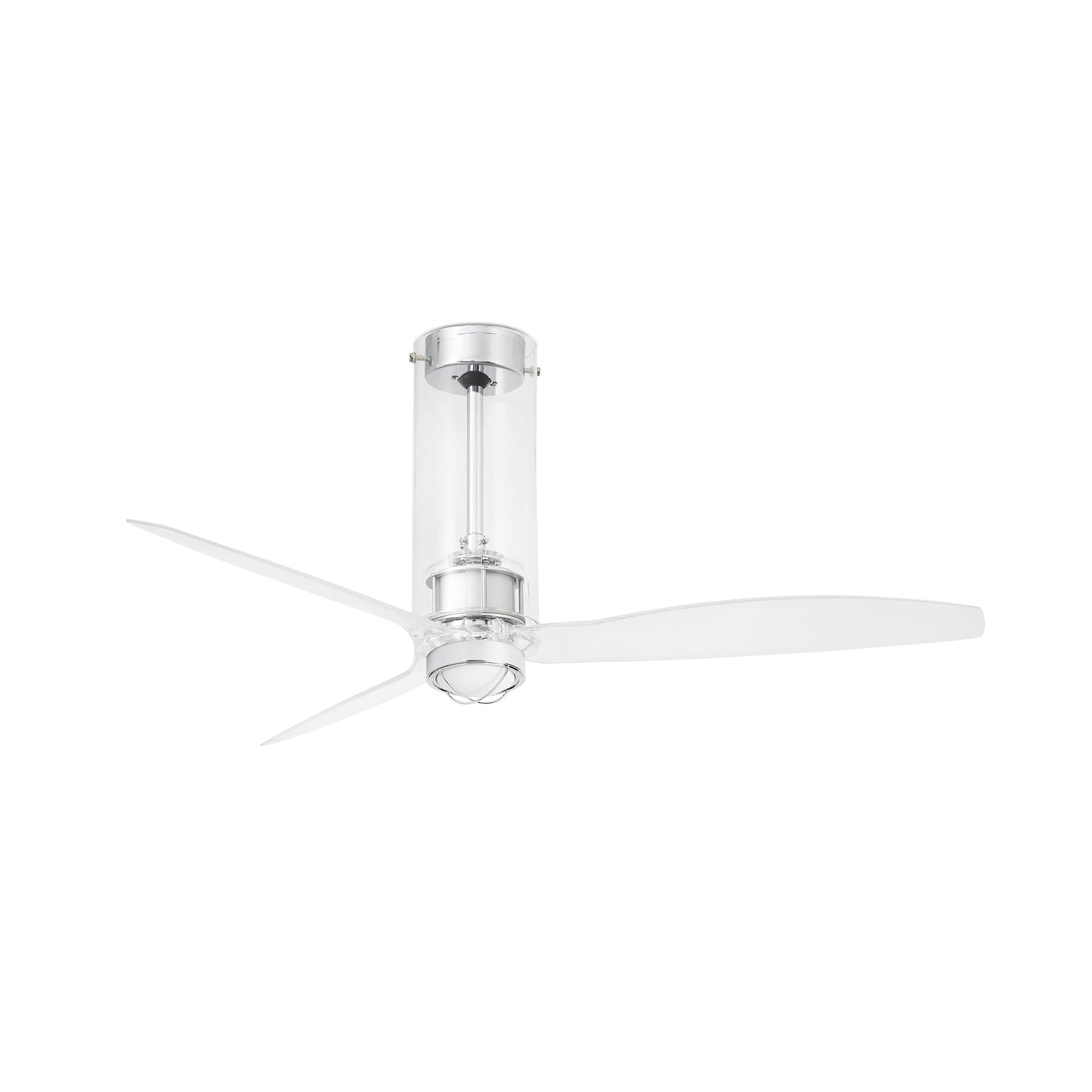 Ventilador de techo con luz LED integrada Tube Fan M transparente FARO 33374WW-9, diseño cromado, motor DC eficiente y mando a distancia para ventilación en el hogar