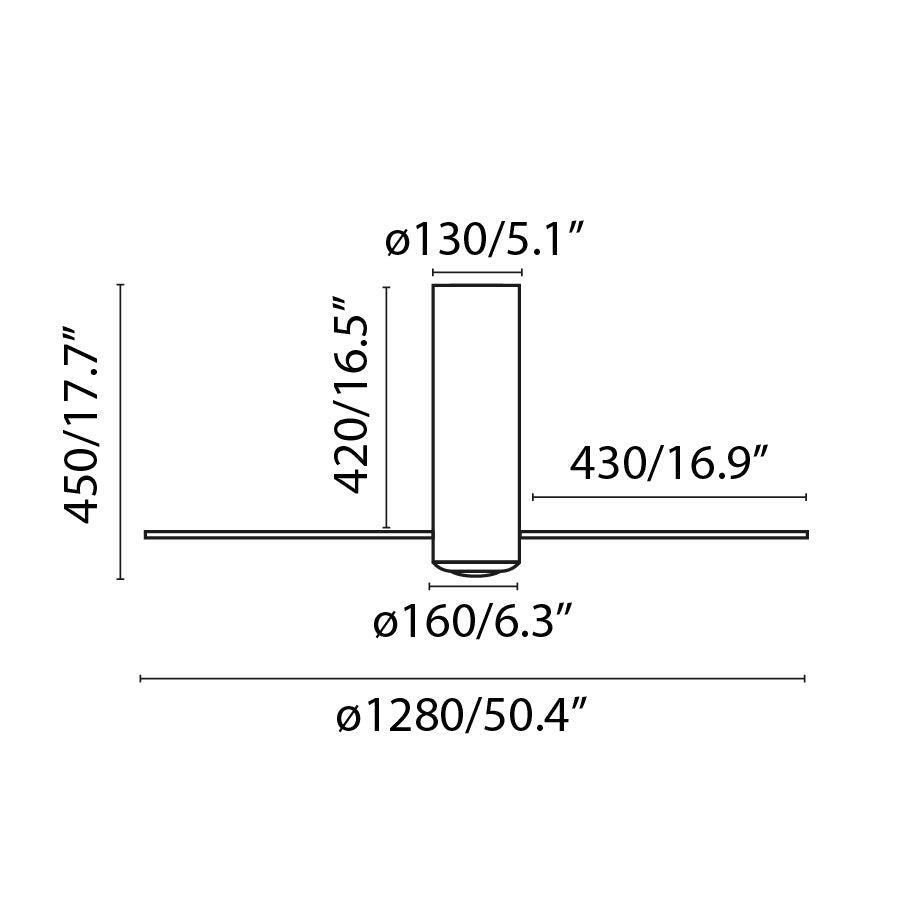 Diagrama de medidas del ventilador con luz LED Tube Fan M transparente FARO 33374WW-9, ventilador de techo con motor DC, diseño cromado, LED integrado y mando a distancia para hogar