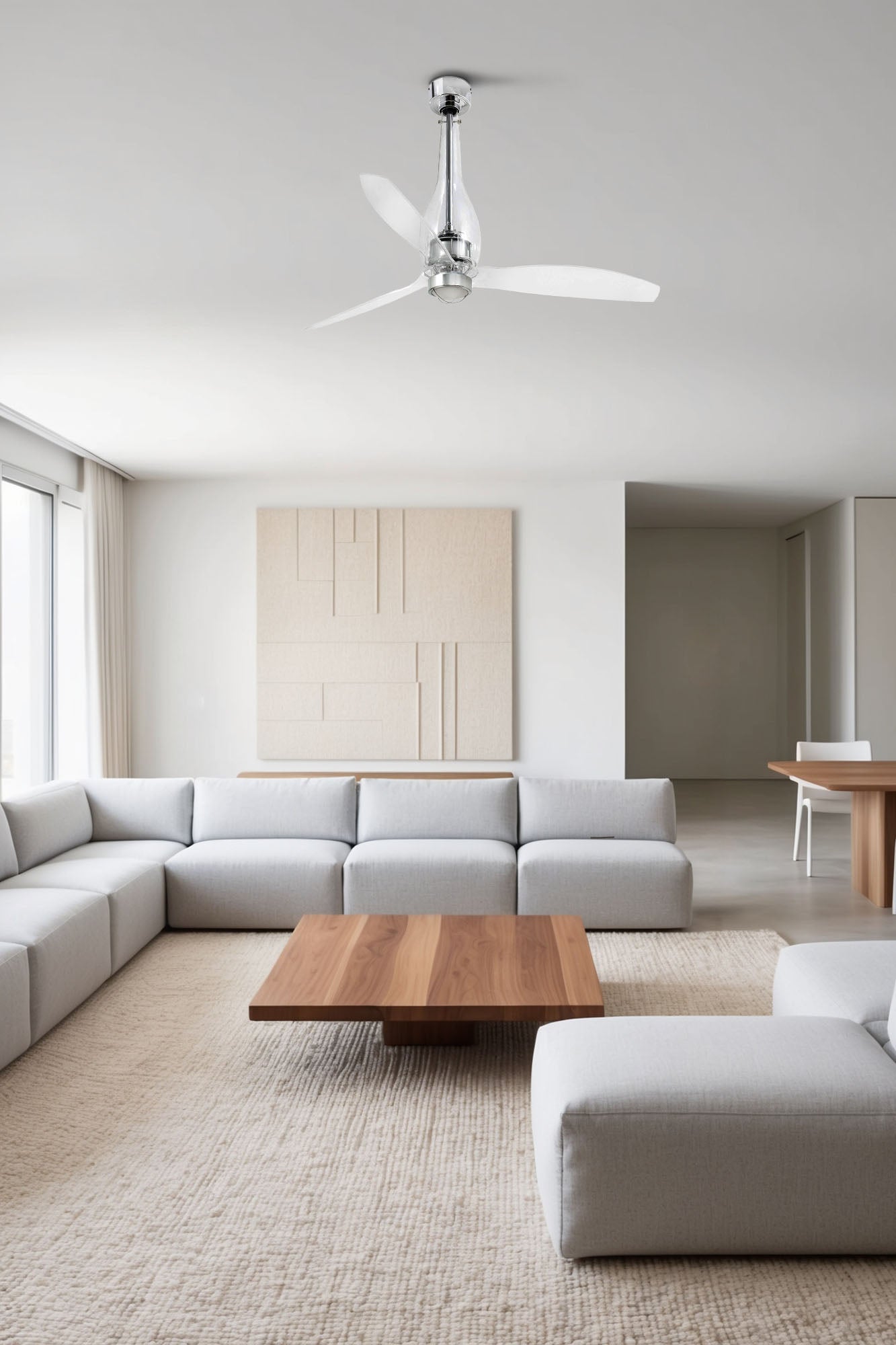 Ventilador de techo ETERFAN M LED transparente FARO 33381WW-9 en ambiente hogareño, con iluminación integrada, motor DC, función inversa y mando a distancia para ventilación eficiente.