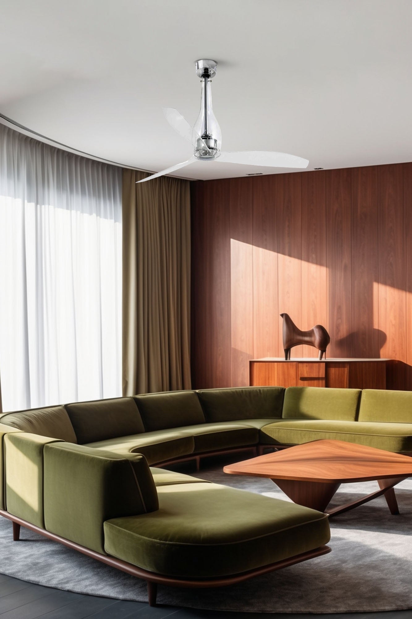 Ventilador de techo ETERFAN M WIZ transparente de FARO modelo 33381WW en imagen ambiente de hogar moderno, con motor DC eficiente, mando a distancia, función inversa para ventilación invernal y diseño sin luz integrada para espacios luminosos