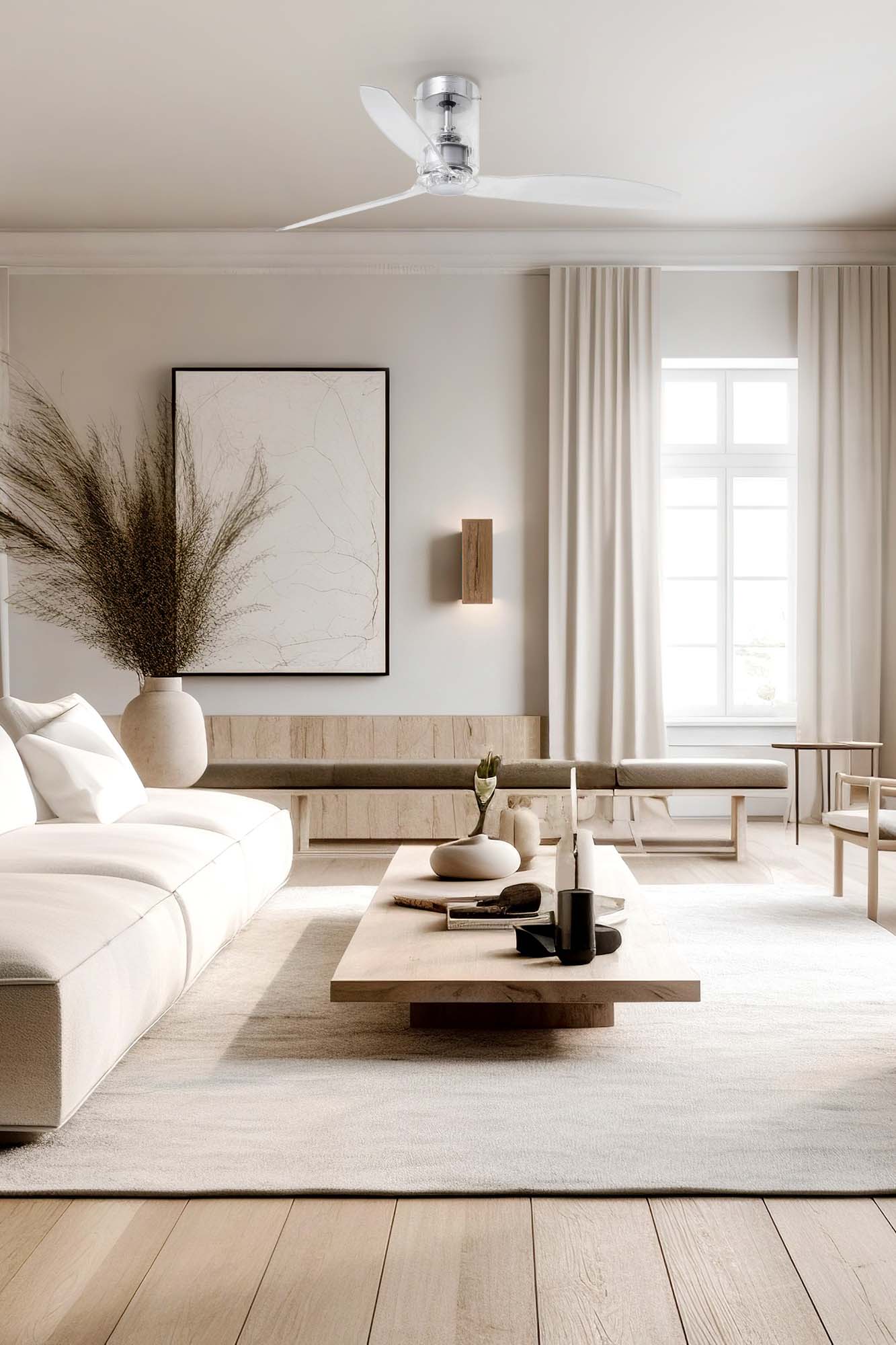 Ventilador de techo MINI TUBE FAN M transparente de FARO modelo 33393 en ambiente de habitación mediana, con motor DC, función inversa y mando a distancia, diseño serie 3334 para ventilación eficiente sin luz integrada