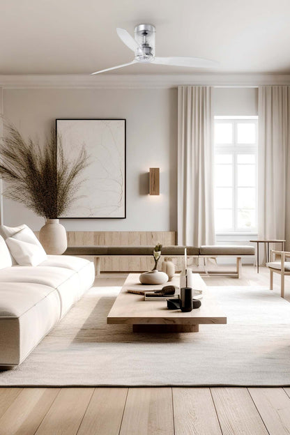 Ventilador de techo MINI TUBE FAN M transparente de FARO modelo 33393 en ambiente de habitación mediana, con motor DC, función inversa y mando a distancia, diseño serie 3334 para ventilación eficiente sin luz integrada