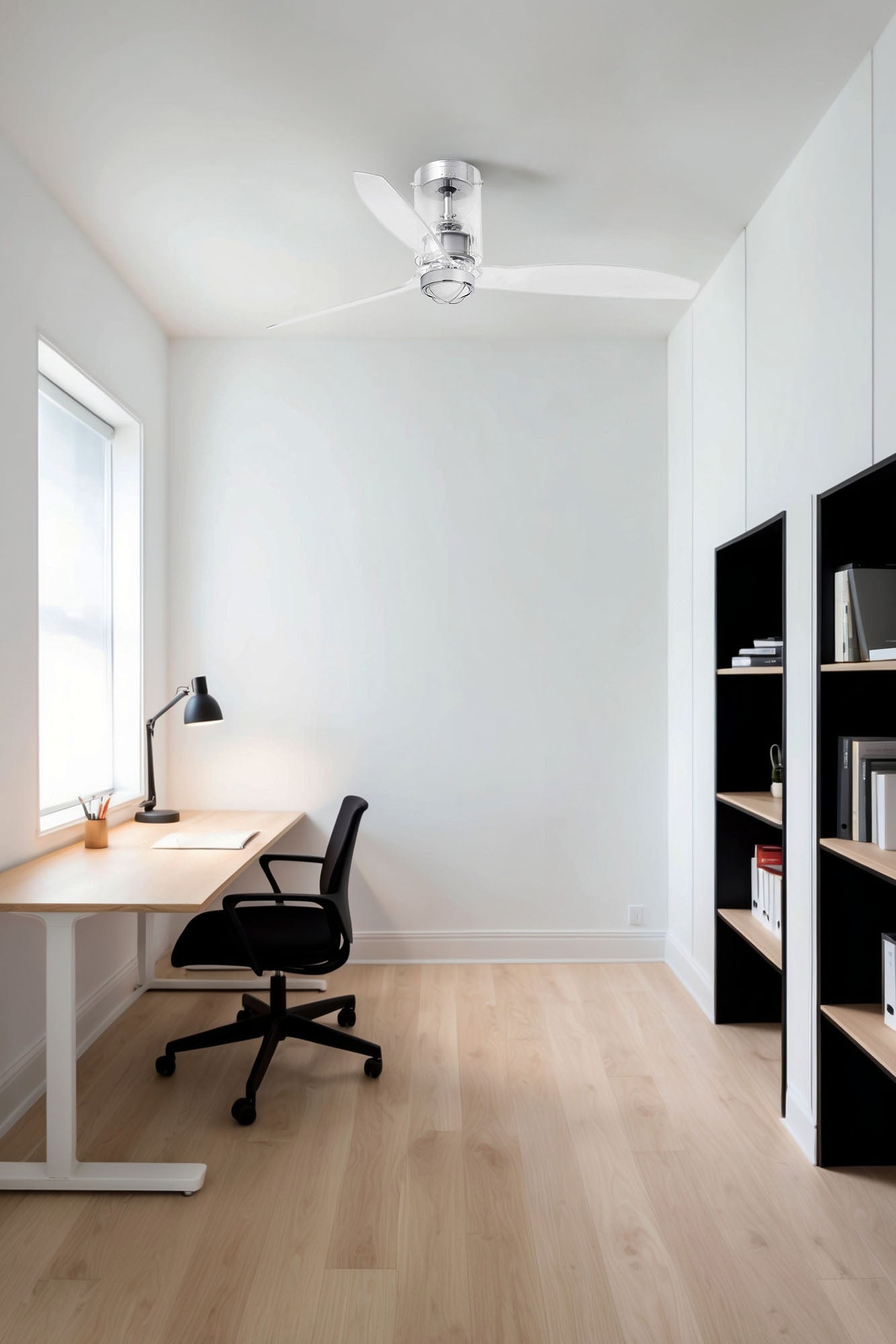 Ventilador de techo LED transparente WIZ de Faro modelo 33393WW-9 en ambiente interior del hogar, con luz integrada opal, motor DC eficiente y control remoto para ventilación óptima.