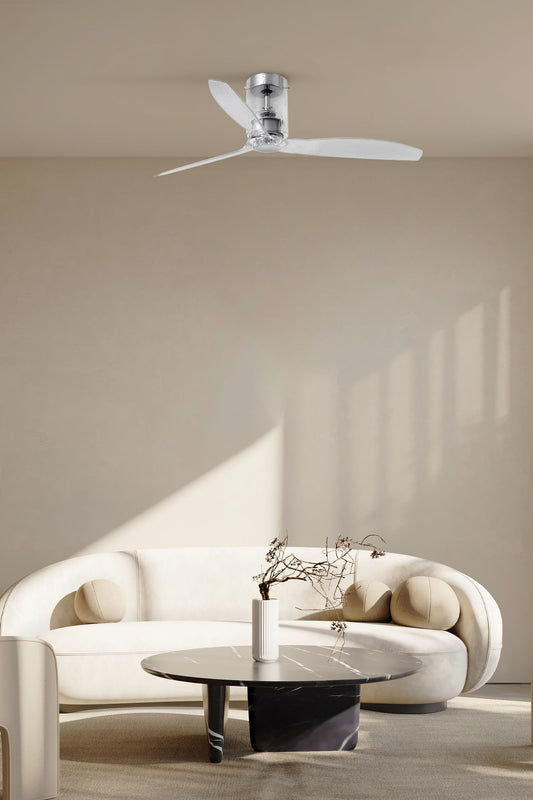 Ventilador de techo MINI TUBE FAN M transparente FARO 33393WW en ambiente moderno, diseño acero cristal, motor DC 6 velocidades, función inversa, ventilación eficiente y bajo ruido para hogar contemporáneo