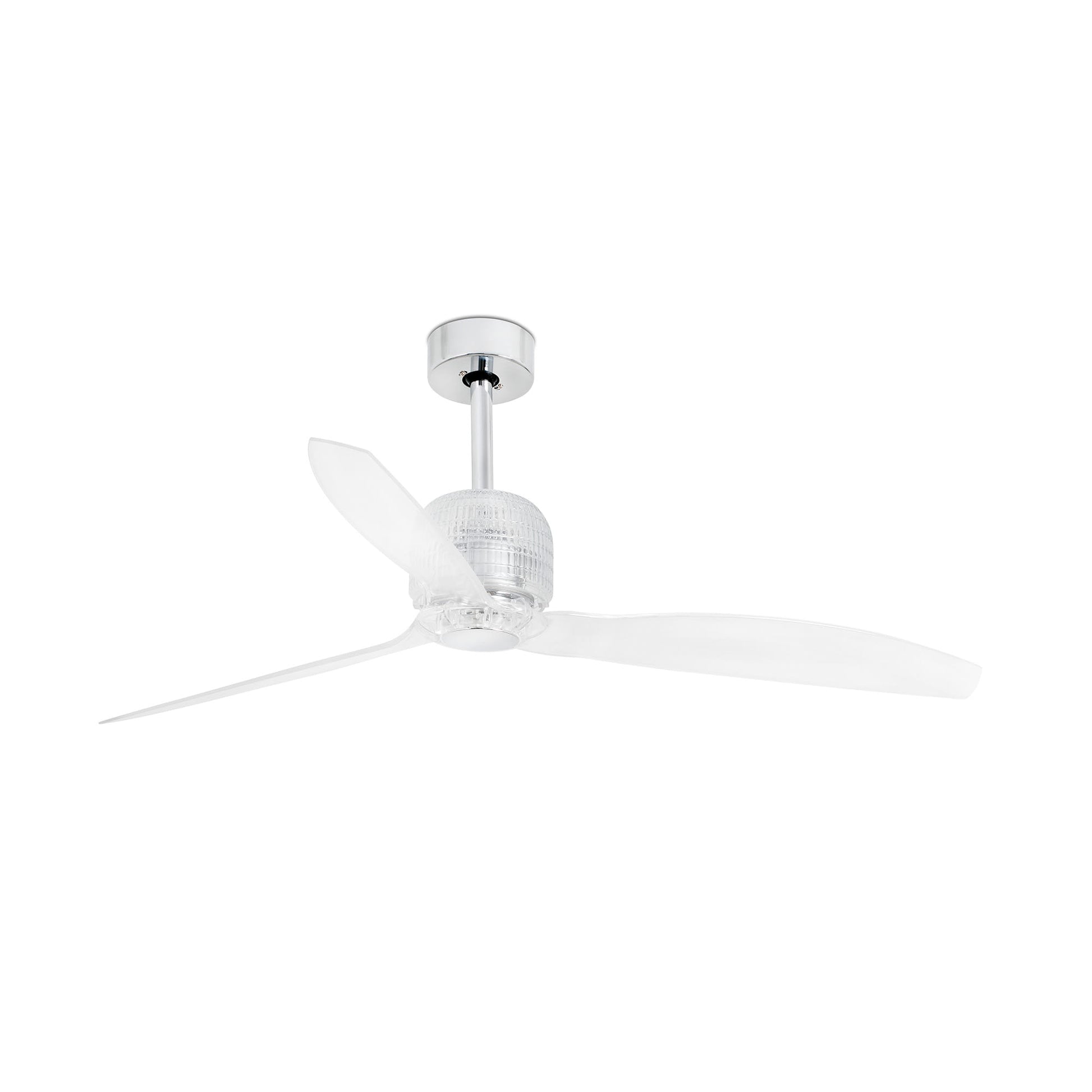 Ventilador de techo Deco Fan M cromado FARO 33394DWW, sin luz, acero inoxidable y PC transparente, con mando a distancia, 6 velocidades y función inversa para hogar, oficina y techos inclinados.
