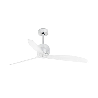 Ventilador de techo Deco Fan M cromado FARO 33394DWW, sin luz, acero inoxidable y PC transparente, con mando a distancia, 6 velocidades y función inversa para hogar, oficina y techos inclinados.