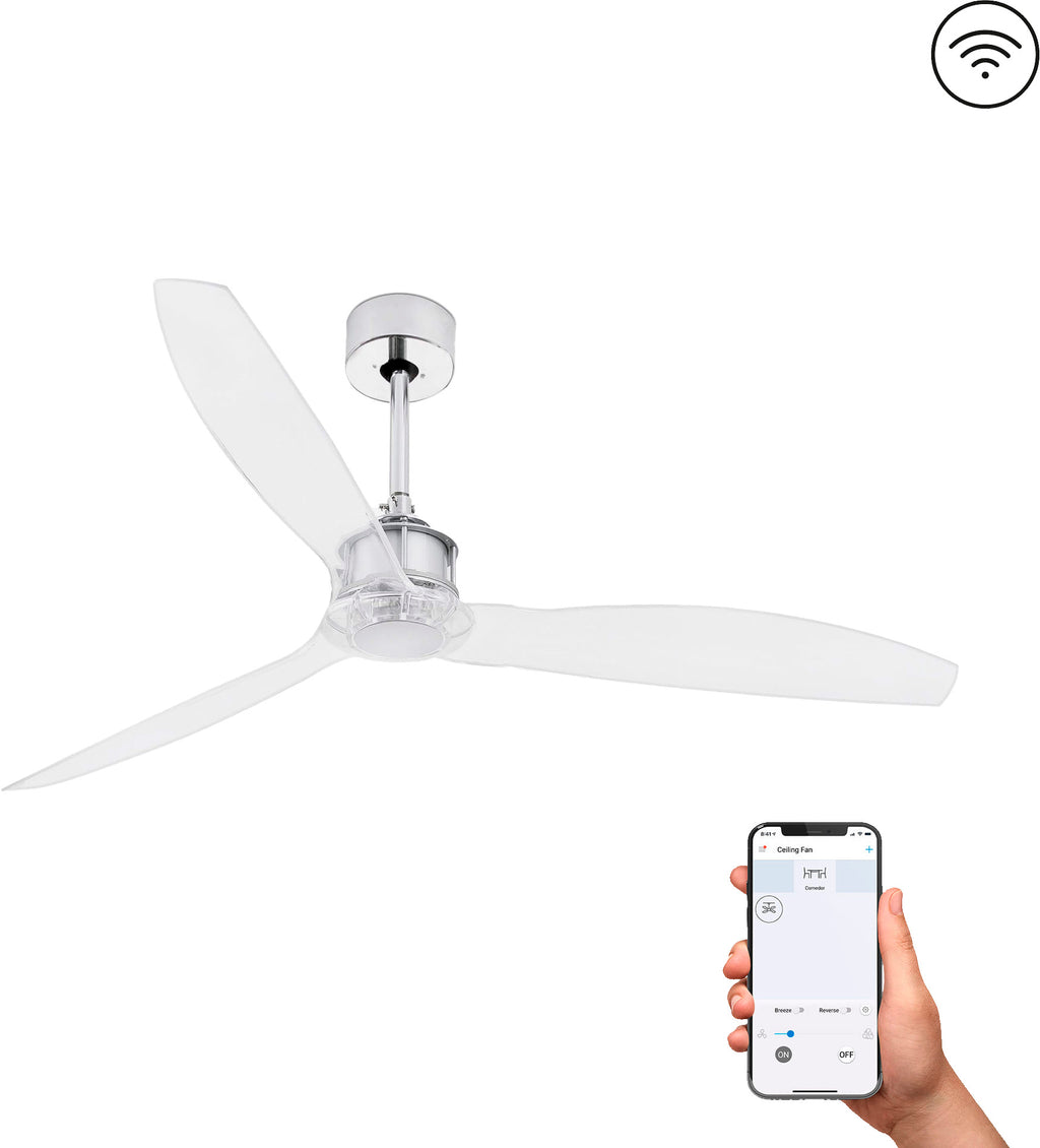 Ventilador de techo cromado JUST FAN M de FARO, modelo 33394WW, con motor DC silencioso, mando a distancia y compatible con techos inclinados para ventilación en hogar y verano