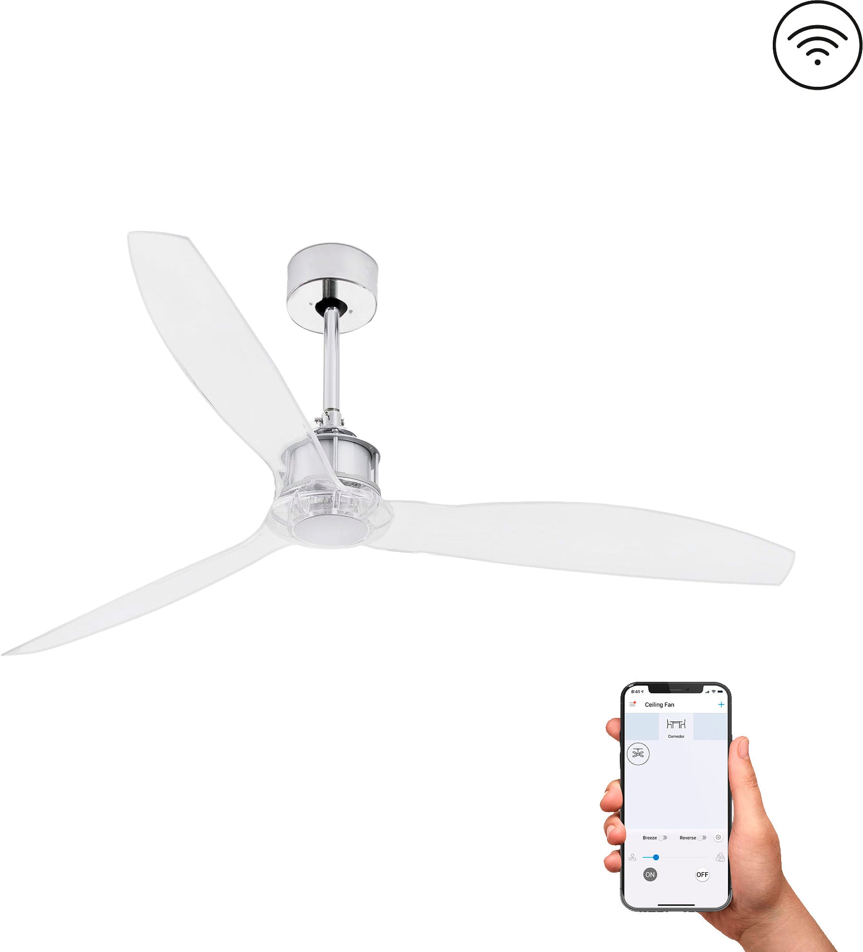 Ventilador de techo cromado JUST FAN M de FARO, modelo 33394WW, con motor DC silencioso, mando a distancia y compatible con techos inclinados para ventilación en hogar y verano