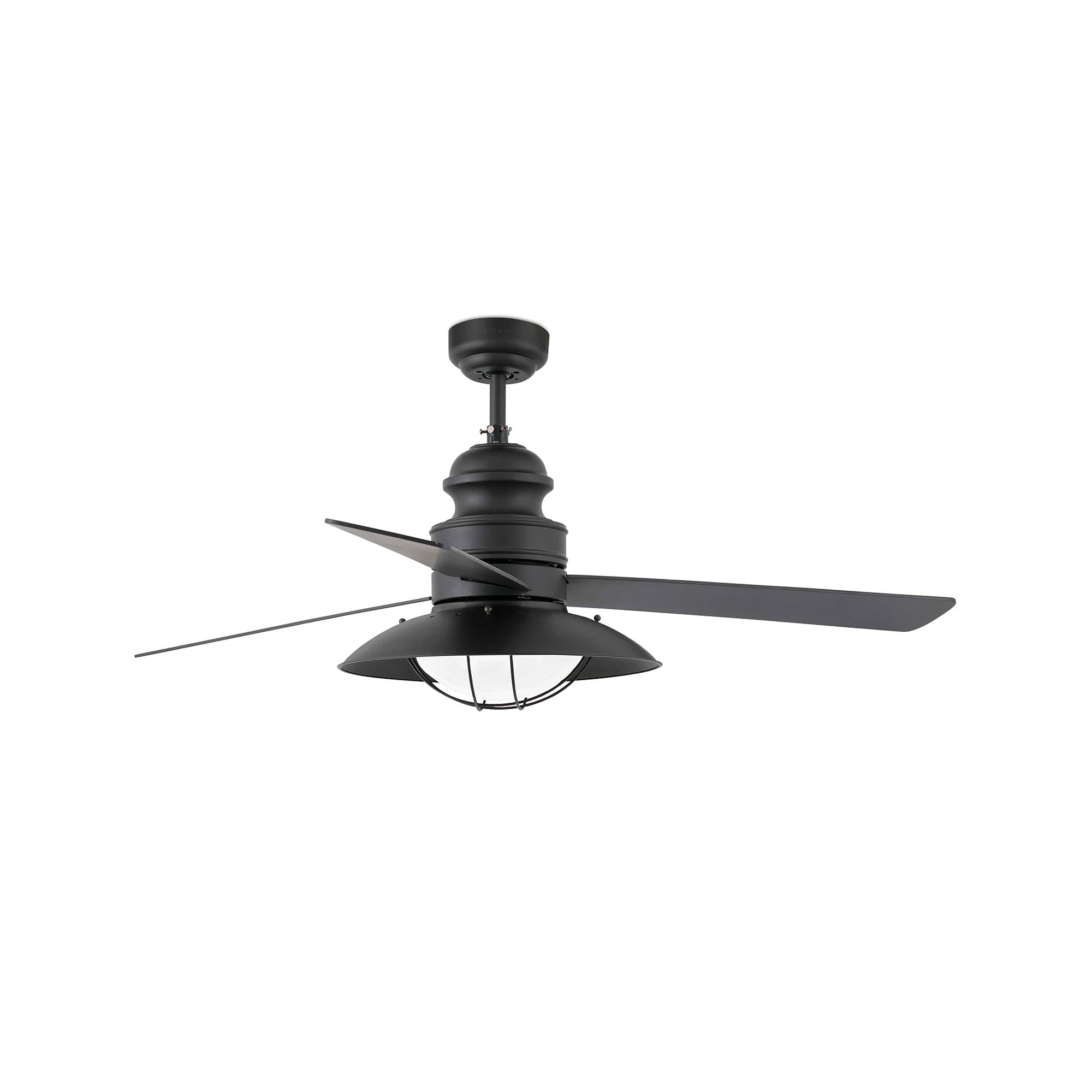 Ventilador de techo con luz LED integrada WINCH FAN modelo 33396-110 de FARO en color marrón, fabricado en acero, MDF y cristal, con función inversa para invierno y verano, ideal para techos inclinados y habitaciones grandes de hasta 1615 pies cúbicos, ventilación eficiente y diseño moderno.
