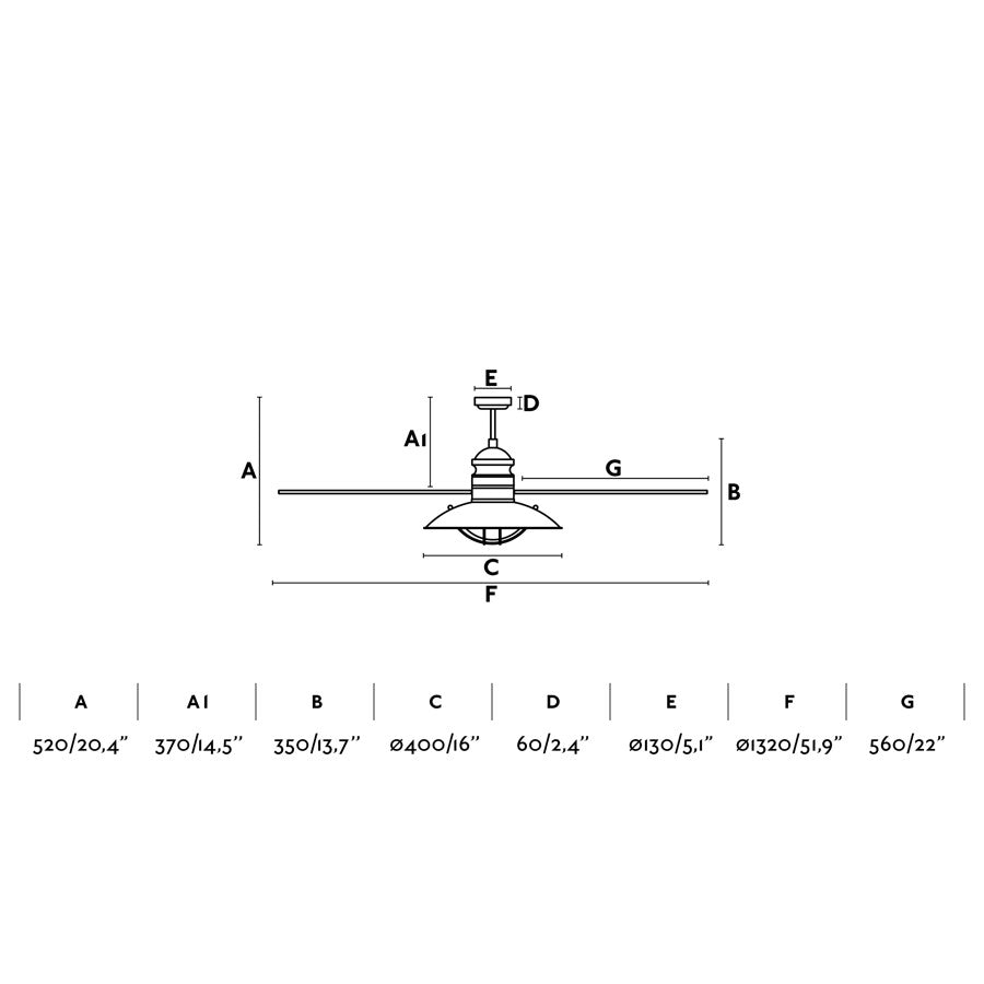 Medidas del ventilador de techo con luz WINCH FAN Marrón FARO 33396-110: diámetro 1615 mm, altura 30 cm, ideal para ventilación en habitaciones grandes con techos inclinados, materiales acero, MDF y cristal, función inversa.