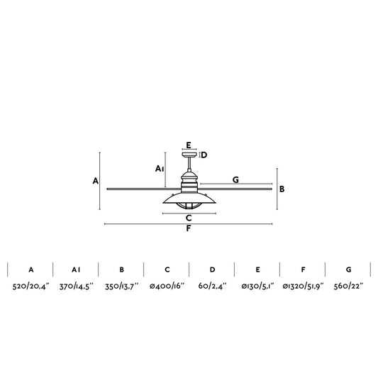 Medidas del ventilador de techo con luz WINCH FAN Marrón FARO 33396-110: diámetro 1615 mm, altura 30 cm, ideal para ventilación en habitaciones grandes con techos inclinados, materiales acero, MDF y cristal, función inversa.
