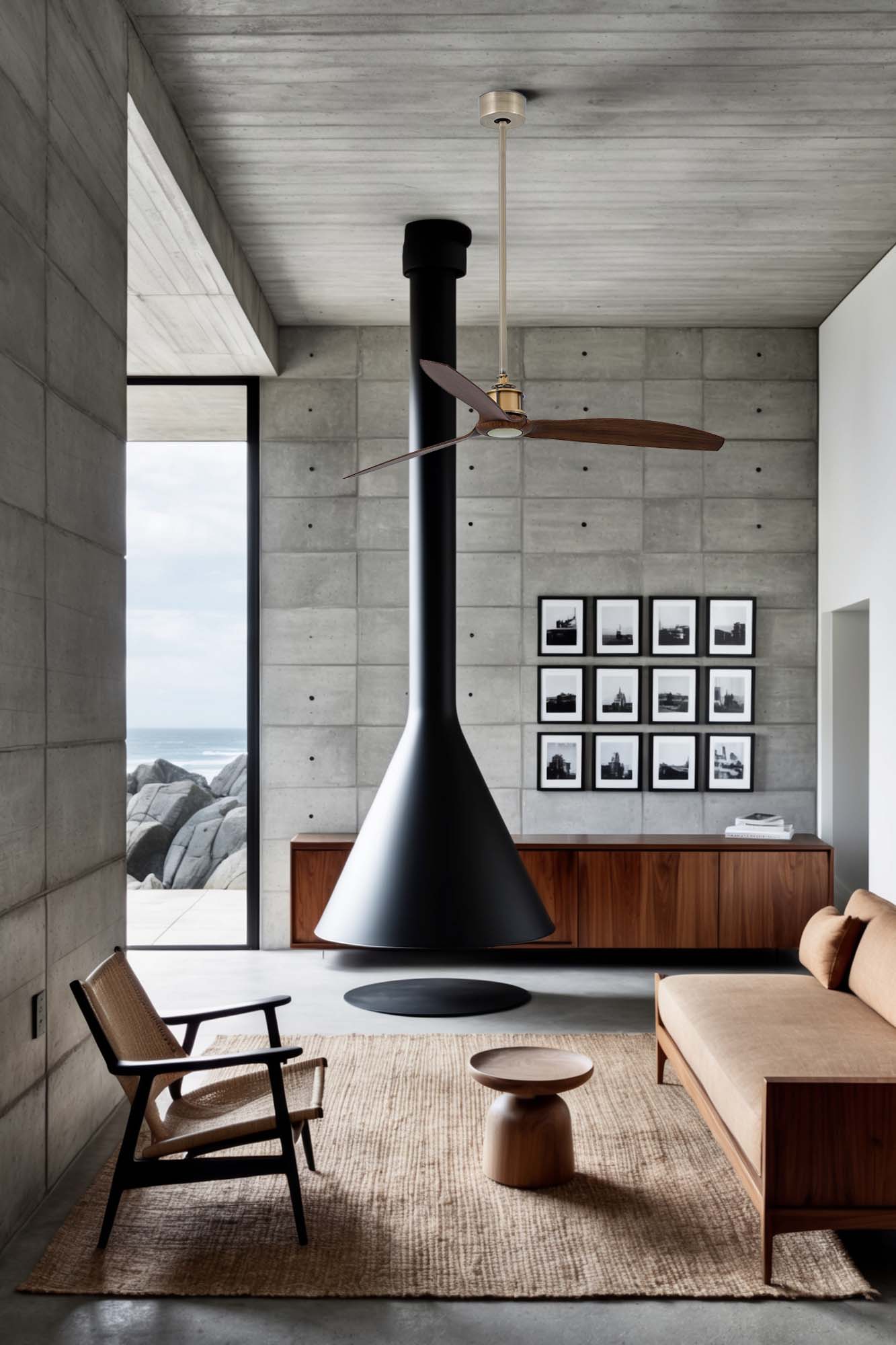 Ventilador de techo JUST FAN M en oro viejo y nogal de FARO modelo 33398, diseño industrial moderno con motor DC y función inversa, sin luz integrada, en ambiente hogareño ventilado.