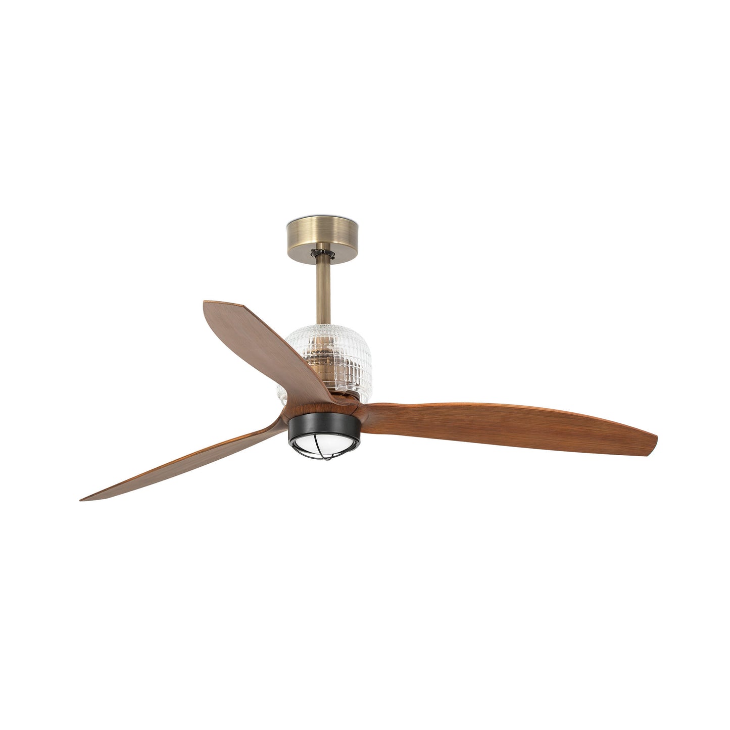 Ventilador de techo LED Deco Fan M en oro viejo y nogal de FARO, modelo 33398DWW-10 con motor DC, iluminación integrada, mando a distancia y control WIZ.