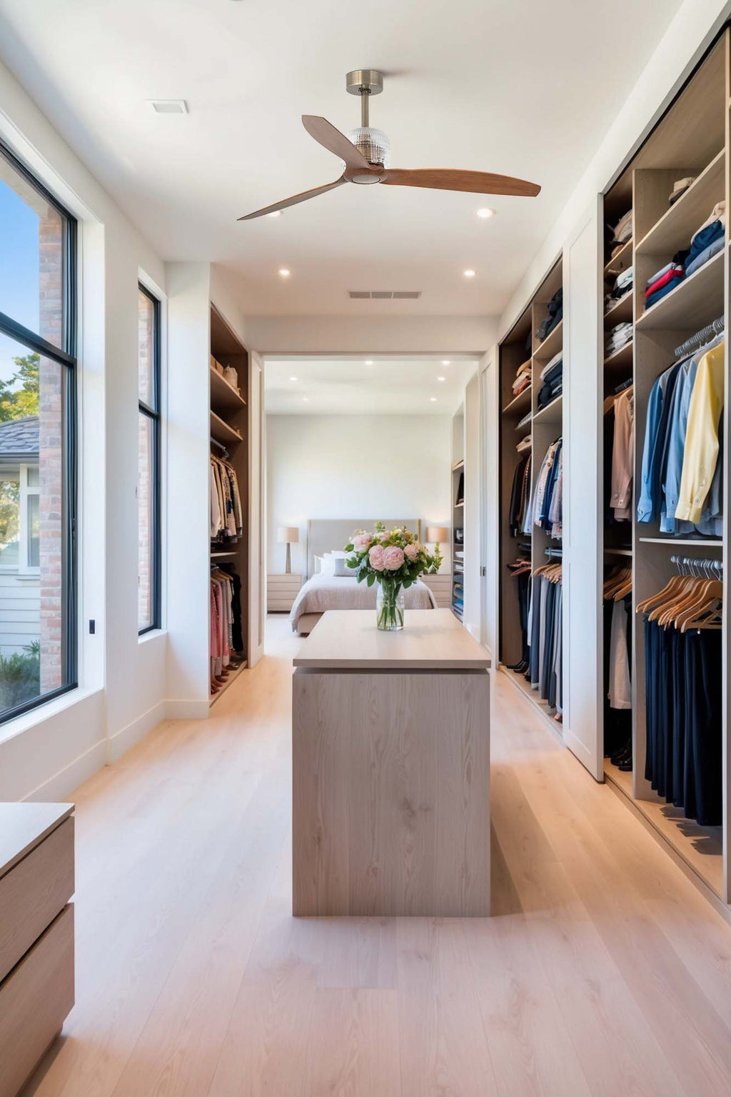 Ventilador de techo DECO FAN M en oro viejo y nogal de FARO modelo 33398DWW instalado en ambiente hogareño interior, con ventilación eficiente, mando a distancia, motor DC y sin luz integrada.