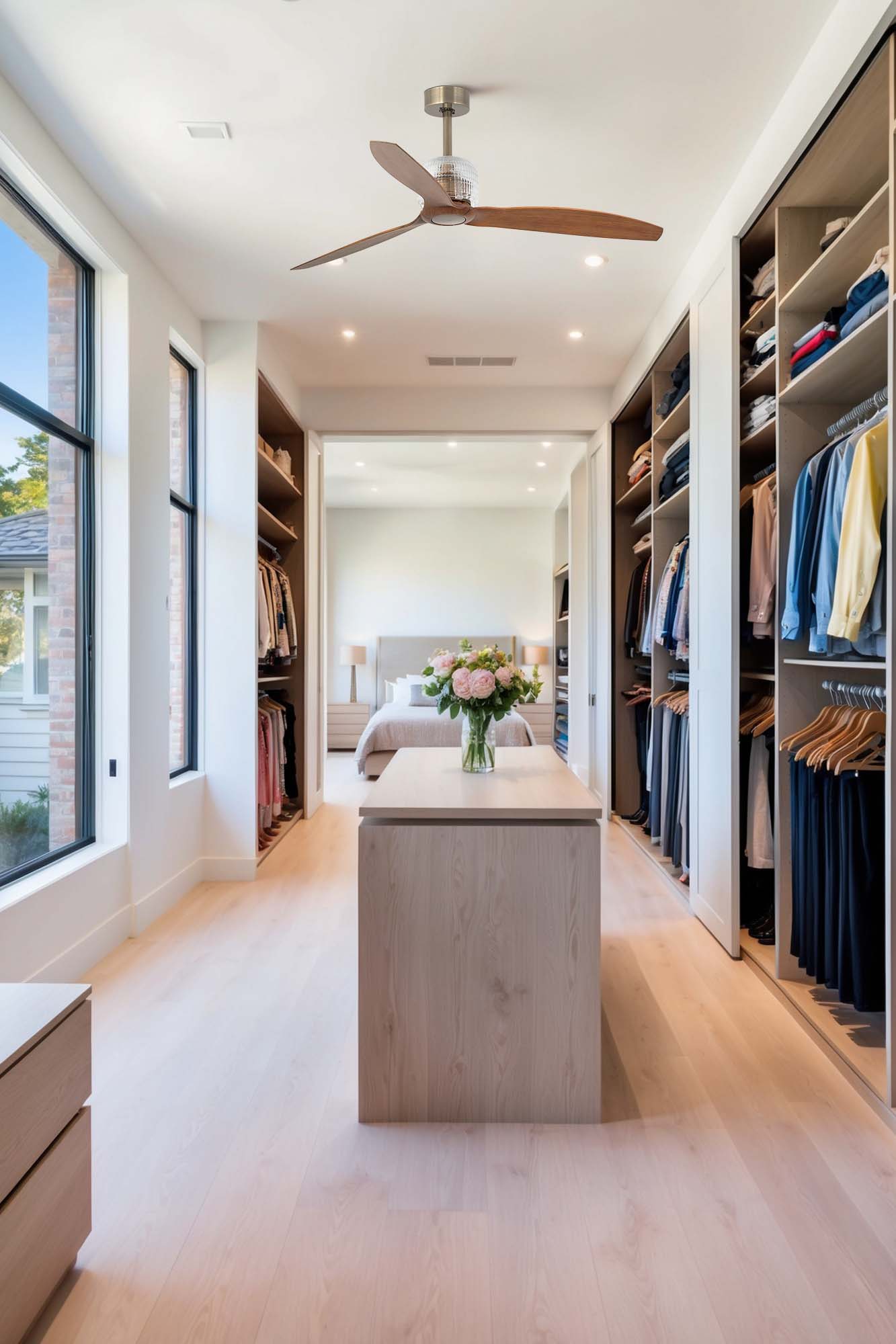 Ventilador de techo DECO FAN M en oro viejo y nogal de FARO modelo 33398DWW instalado en ambiente hogareño interior, con ventilación eficiente, mando a distancia, motor DC y sin luz integrada.