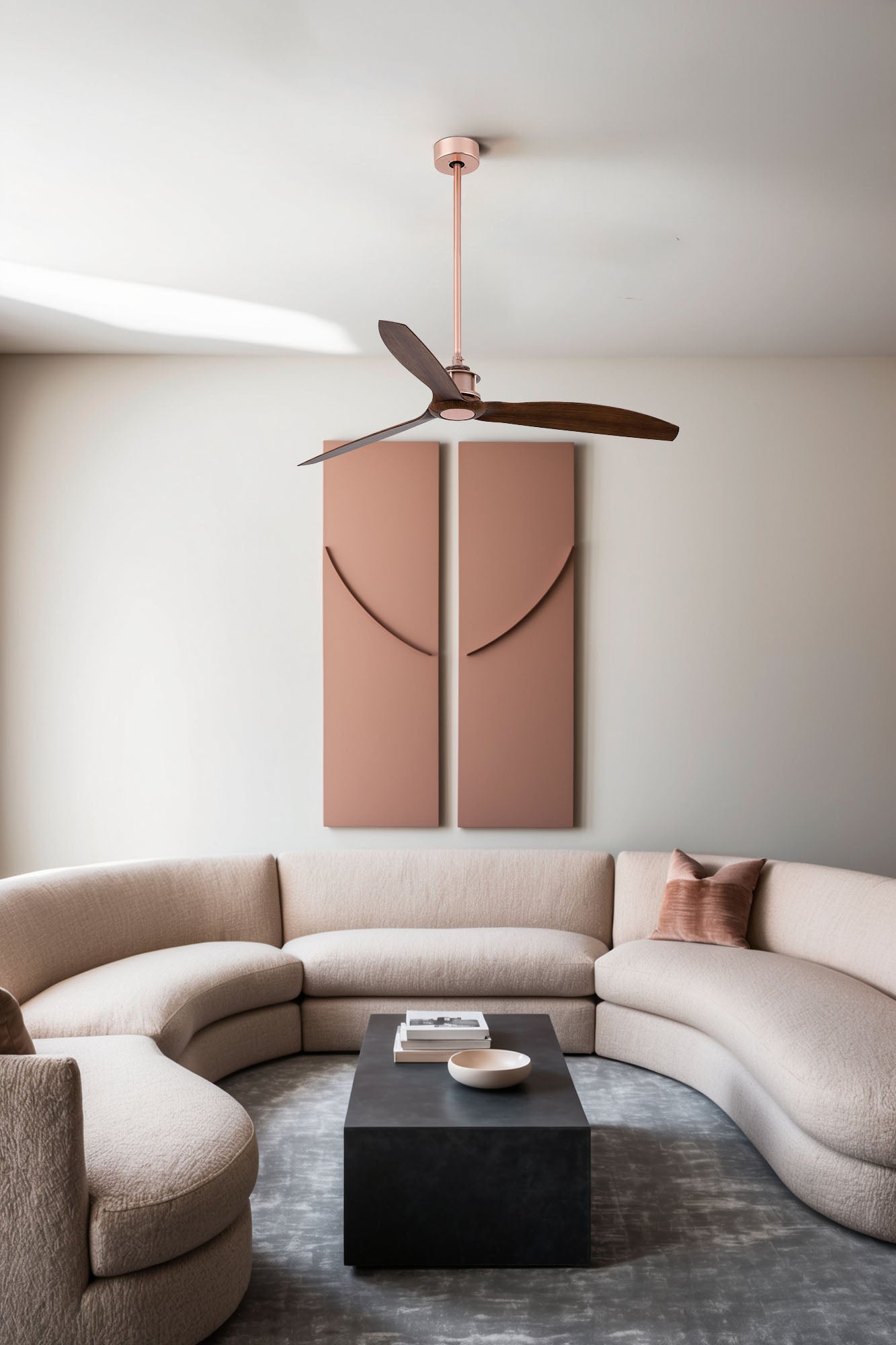 Ventilador de techo JUST FAN M en cobre y nogal de FARO modelo 33399 en ambiente moderno industrial con ventilación reversible, motor DC sin luz y mando a distancia incluido