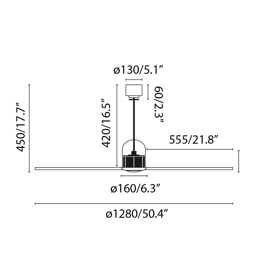 Diagrama de medidas del ventilador de techo DECO FAN M en cobre y nogal de FARO (modelo 33399D), con dimensiones detalladas para instalación: diámetro de aspas 132 cm, altura total 30 cm, motor DC de bajo consumo, diseño industrial moderno con función inversa y mando a distancia.