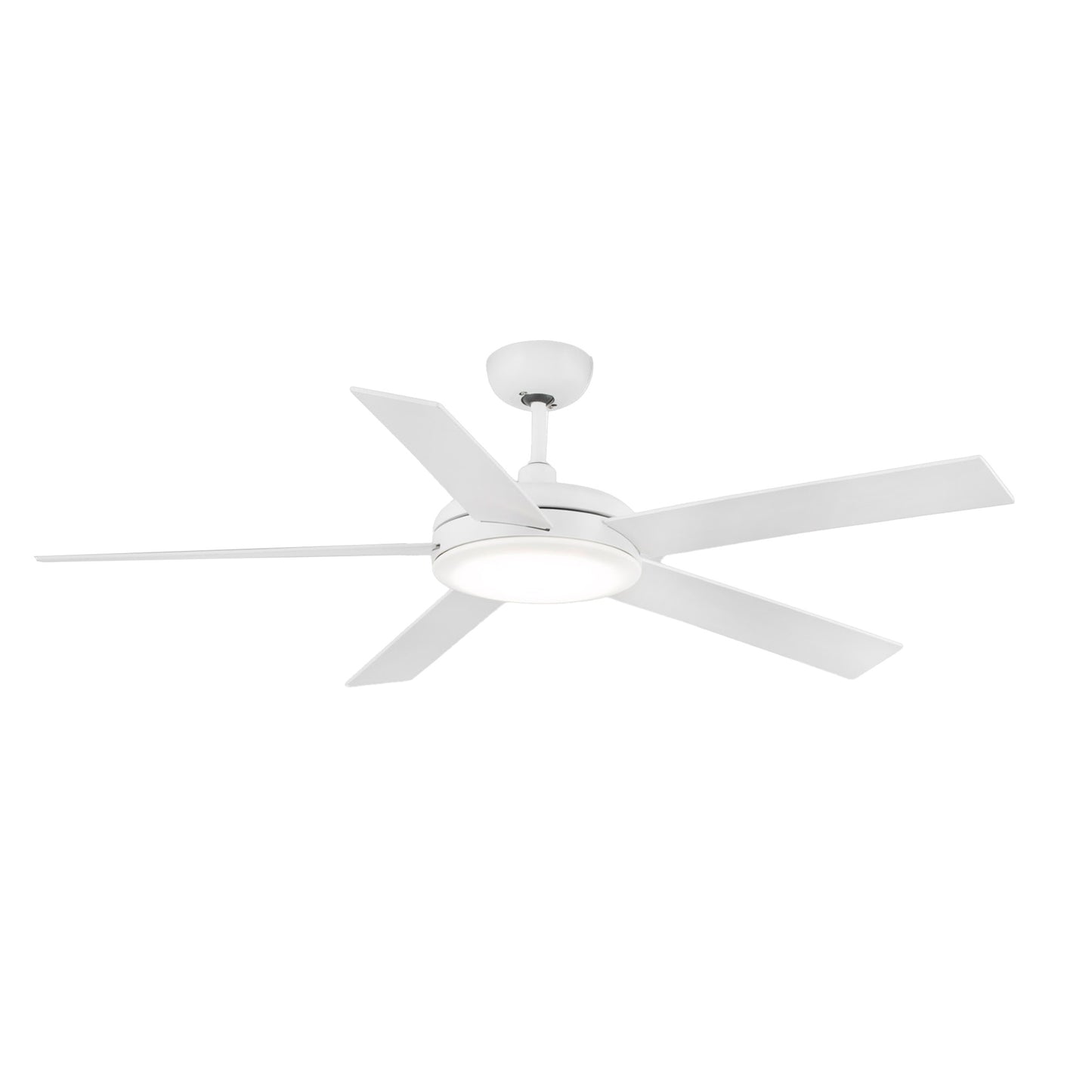 Ventilador de techo NOVA blanco modelo 33420-110 de FARO, diseño moderno en acero y plywood, con mando a distancia para ventilación eficiente en techos inclinados, ventilador sin luz ideal para interiores.