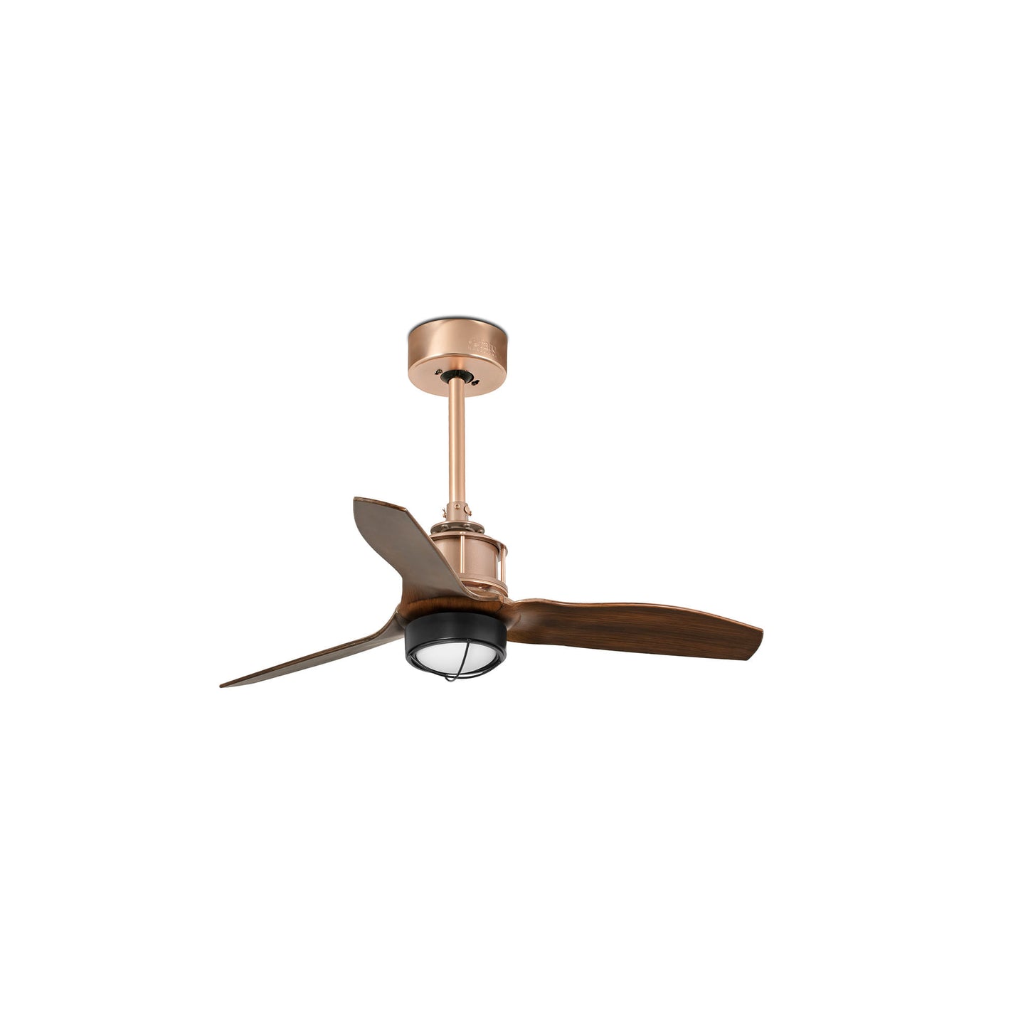 Ventilador de techo con luz LED JUST FAN S en cobre y nogal, modelo 33423WW-10 de FARO, ventilación eficiente con motor DC y mando a distancia para hogar moderno.