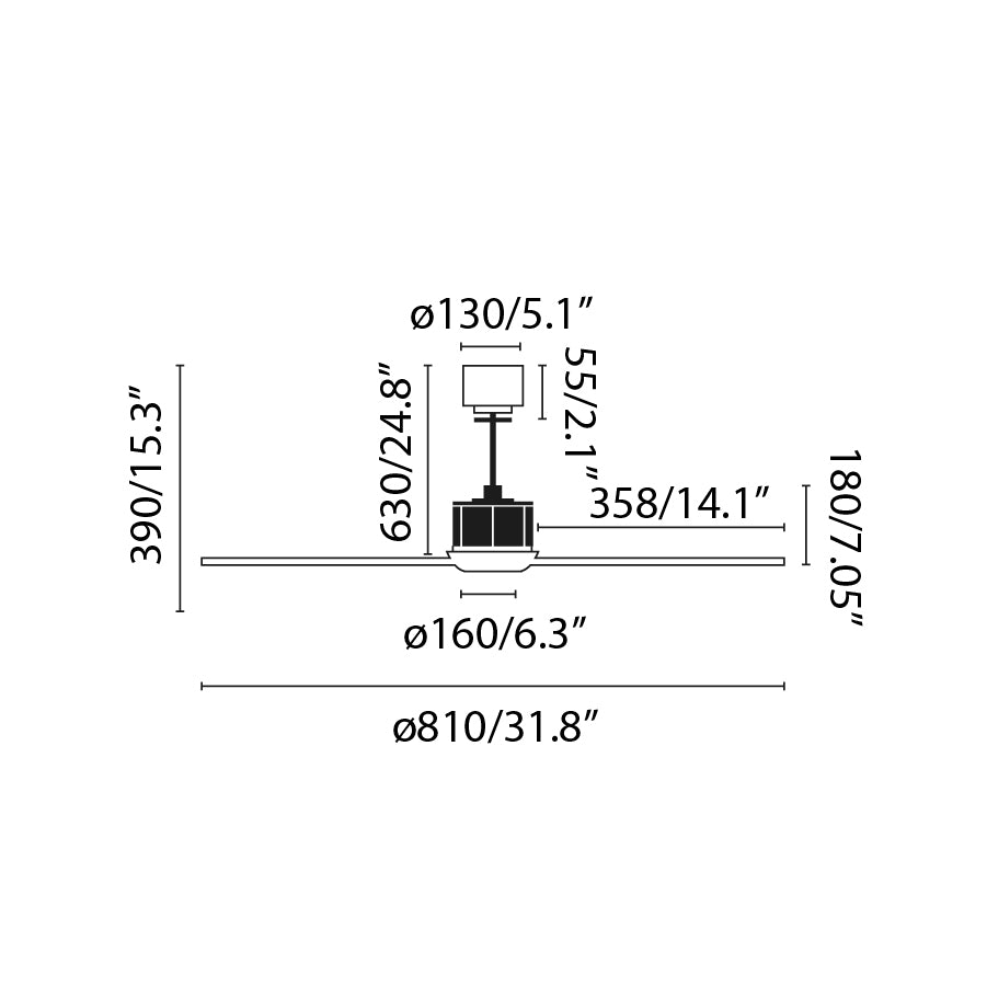 Diagrama de medidas del Ventilador con Luz LED JUST FAN S en acabado Cobre/Nogal de FARO modelo 33423WW-10, ventilación techo hogar moderno con motor DC y mando a distancia