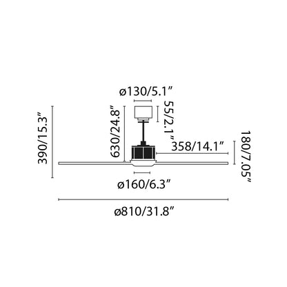 Diagrama de medidas del Ventilador con Luz LED JUST FAN S en acabado Cobre/Nogal de FARO modelo 33423WW-10, ventilación techo hogar moderno con motor DC y mando a distancia