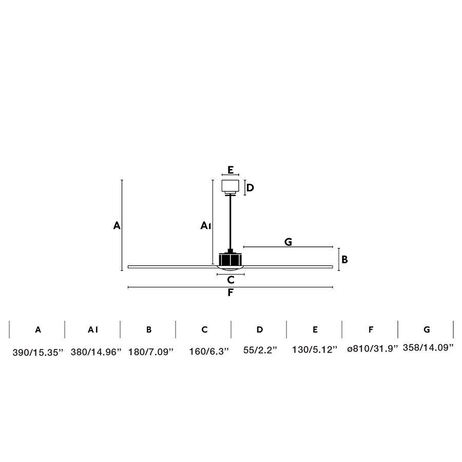 Alt image: Diagrama de medidas del ventilador de techo JUST FAN S Negro Mate 81cm de Faro (modelo 33424), serie 3388, con dimensiones detalladas para instalación en habitaciones pequeñas, diseño industrial moderno sin luz y motor DC eficiente.