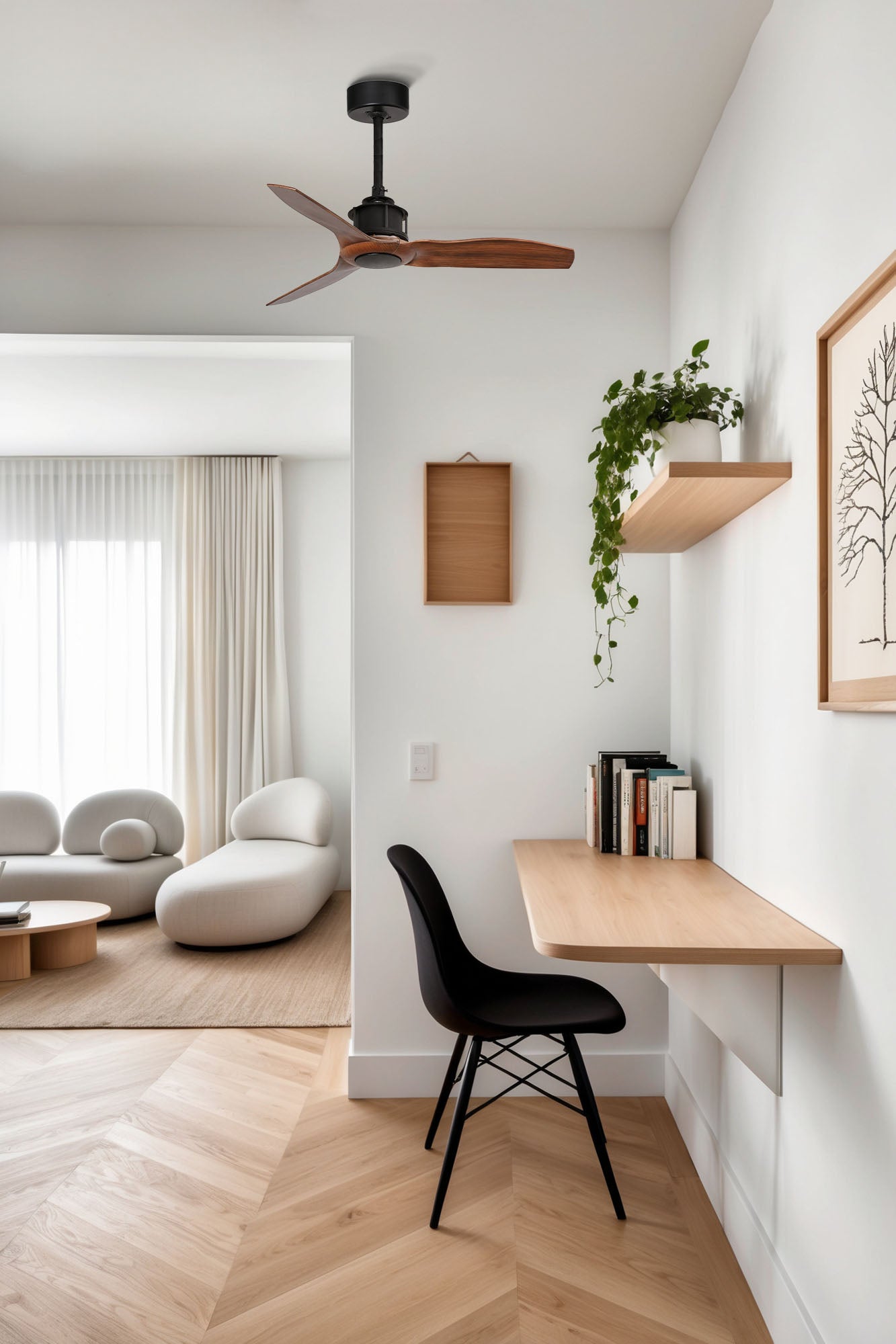 Ventilador de techo Just Fan S en negro y nogal de FARO (modelo 33425WW) en ambiente hogareño moderno, motor DC silencioso, mando a distancia, función inversa para ventilación eficiente sin luz, ideal para hogar inteligente.