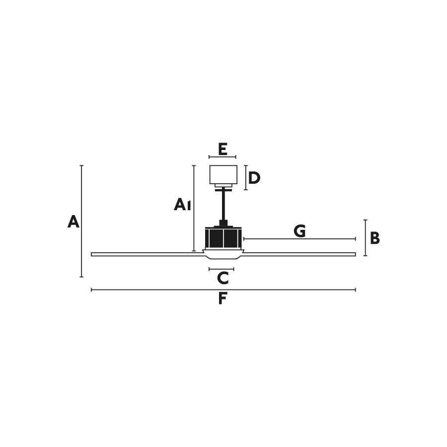 Diagrama de medidas y dimensiones del ventilador de techo con luz LED JUST FAN S oro/negro FARO modelo 33429WW-10, ventilador con luz LED para hogar, ventilación acero negro mate, incluye mando a distancia y función inversa
