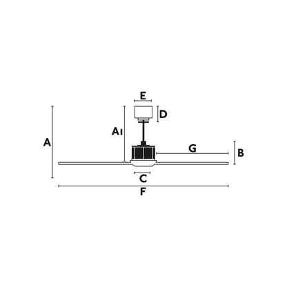Diagrama de medidas y dimensiones del ventilador de techo con luz LED JUST FAN S oro/negro FARO modelo 33429WW-10, ventilador con luz LED para hogar, ventilación acero negro mate, incluye mando a distancia y función inversa