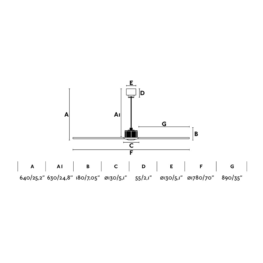 Medidas detalladas del Ventilador de Techo JUST FAN XL Negro Mate 178cm de FARO modelo 33432, con diámetro de aspas de 178 cm ideal para habitaciones grandes, motor DC eficiente de bajo consumo, ventilación reversible y mando a distancia incluido.