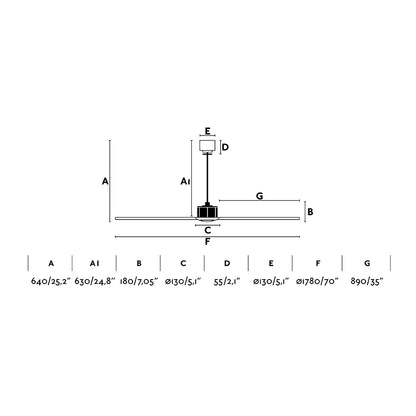 Medidas detalladas del Ventilador de Techo JUST FAN XL Negro Mate 178cm de FARO modelo 33432, con diámetro de aspas de 178 cm ideal para habitaciones grandes, motor DC eficiente de bajo consumo, ventilación reversible y mando a distancia incluido.