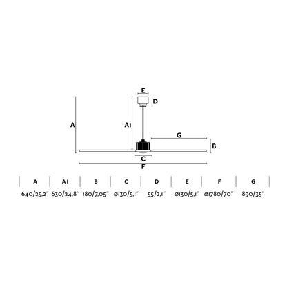 Medidas del ventilador de techo JUST FAN XL Negro Mate FARO 33432WW: diagrama con diámetro, altura, motor DC, 6 velocidades y función inversa para ventilación en hogar moderno