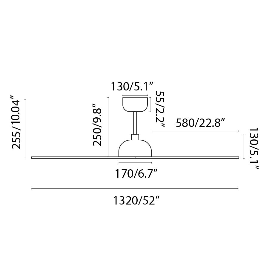 Medidas detalladas del Ventilador de Techo GOTLAND L Blanco modelo 33446 de FARO, con motor DC eficiente, mando a distancia incluido y compatible con techos inclinados, ideal para ventilación en hogares y espacios grandes.