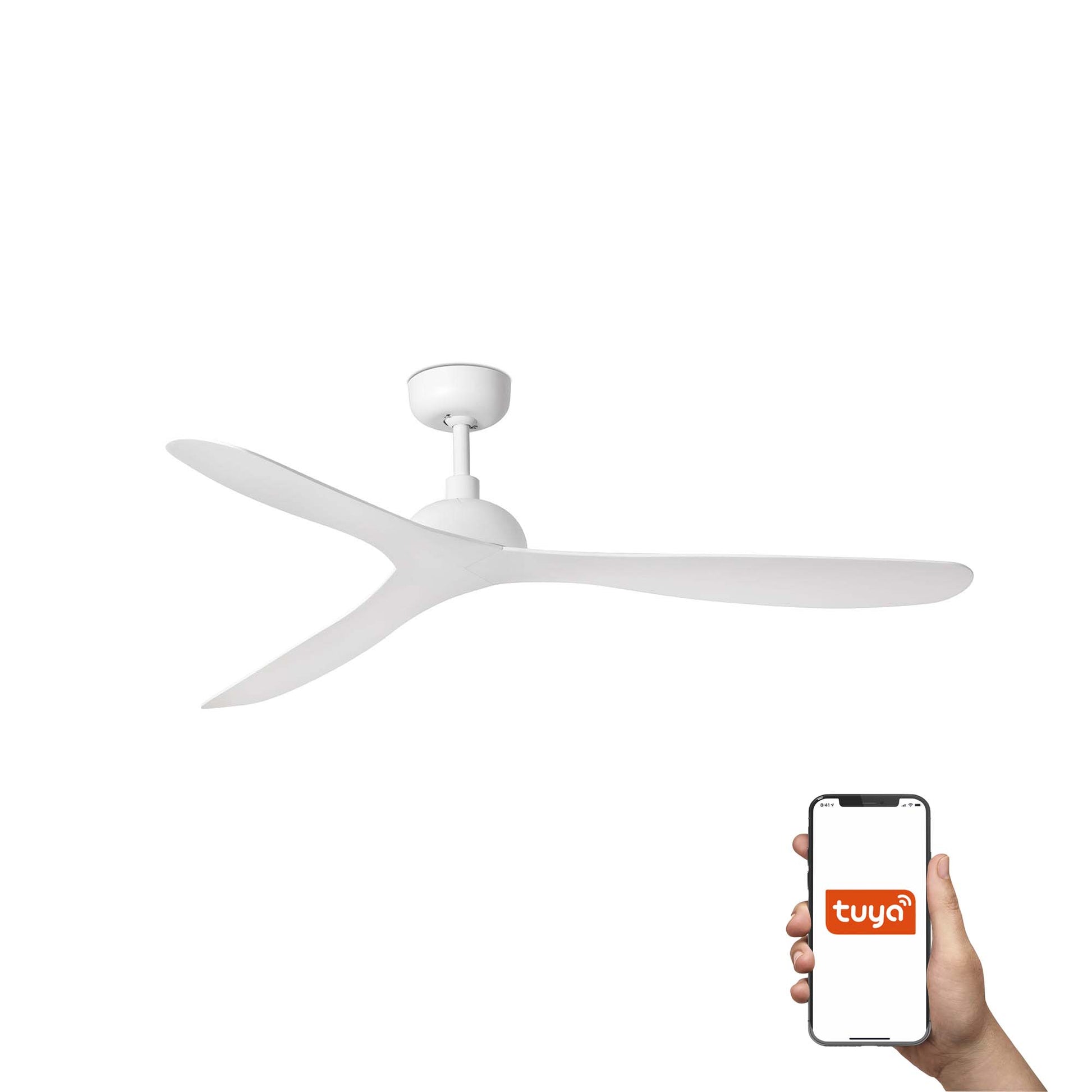 Ventilador de techo GOTLAND L blanco TUYA FARO 33446WT, diseño minimalista con motor DC, sin luz, compatible con techos inclinados y ventilación smart.