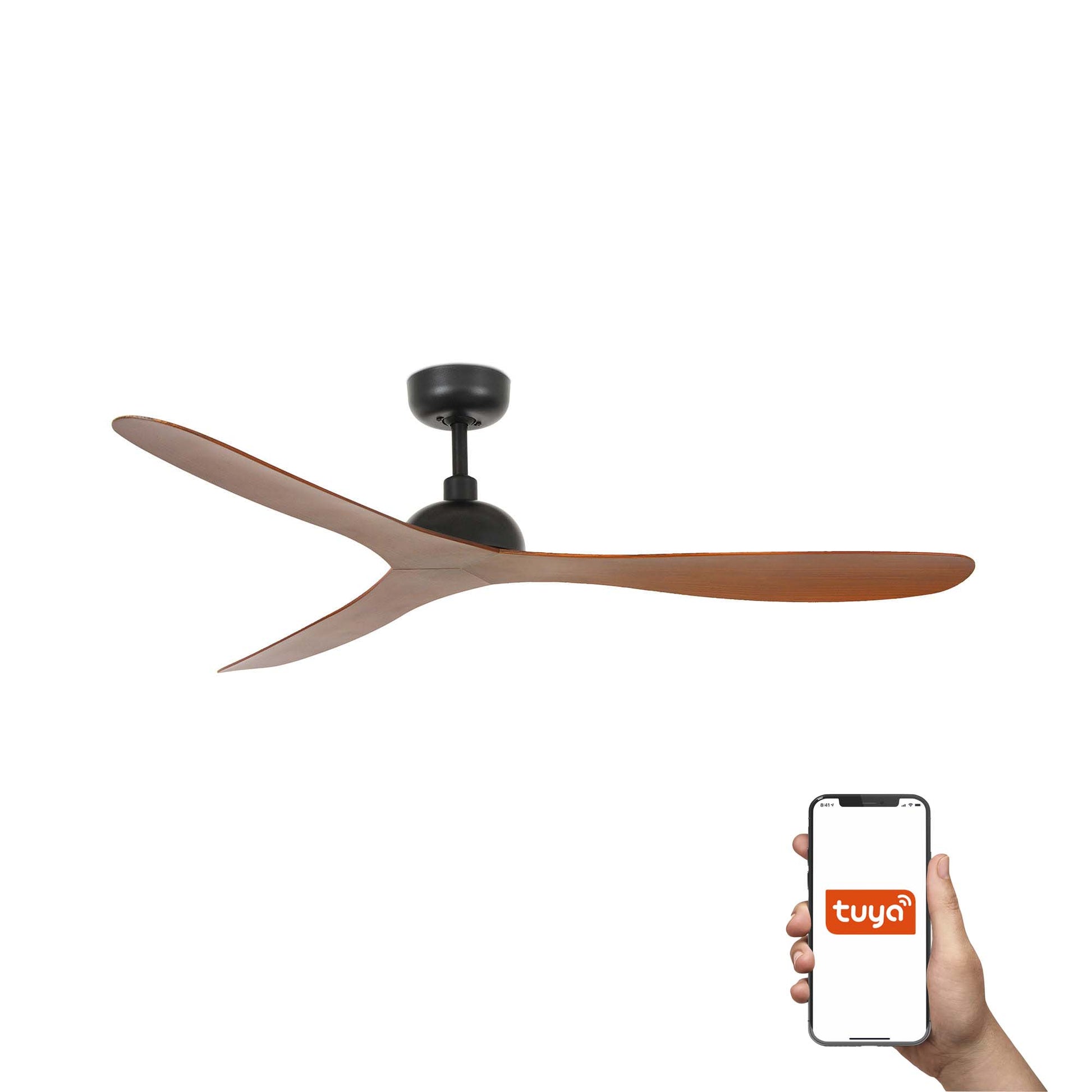 Ventilador de techo Gotland L negro/nogal con control TUYA smart, modelo FARO 33447WT, motor DC minimalista sin luz para ventilación en hogar moderno