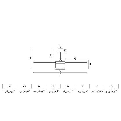 Ventilador de techo ICE L LED SPEAKER en blanco y arce de FARO (modelo 33460-110), dimensiones detalladas para instalación: diámetro de aspas 132 cm, altura total 30 cm, diseño moderno multifuncional con luz LED y altavoz integrado de la colección 3459 por Estudi Ribaudí.