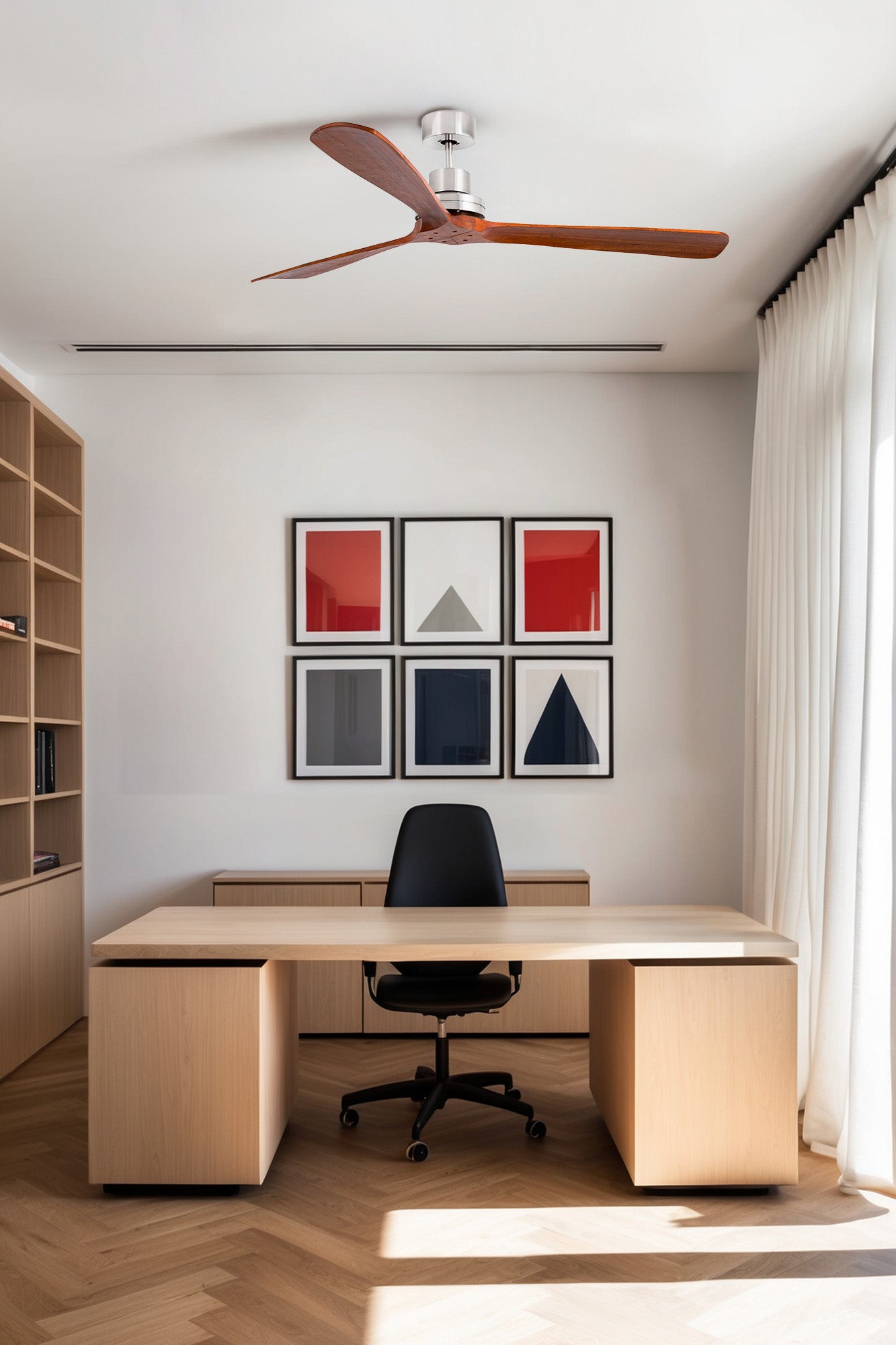 Ventilador de techo LANTAU XL en níquel mate y nogal de FARO, modelo 33464DCWT de la colección 3337, en ambiente hogareño inteligente con ventilación smart Tuya, motor DC y madera de pino.