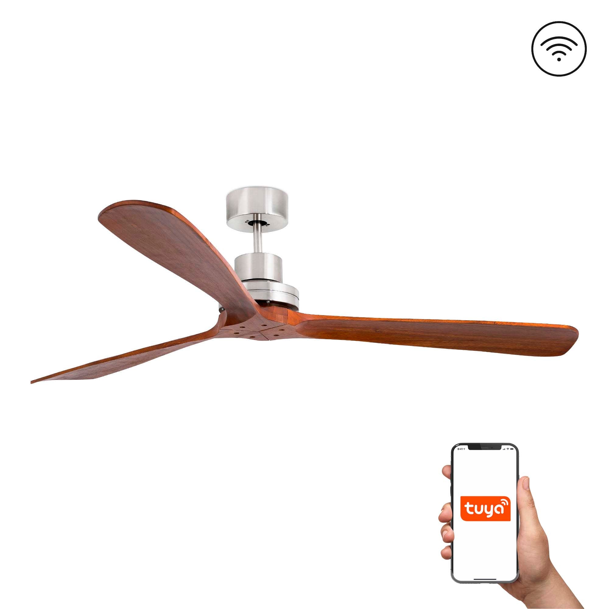 Ventilador de techo LANTAU XL en níquel mate y nogal de FARO, modelo 33464DCWT de la colección 3337, con motor DC, ventilación eficiente y compatibilidad Smart Tuya para hogar inteligente, fabricado en madera de pino.