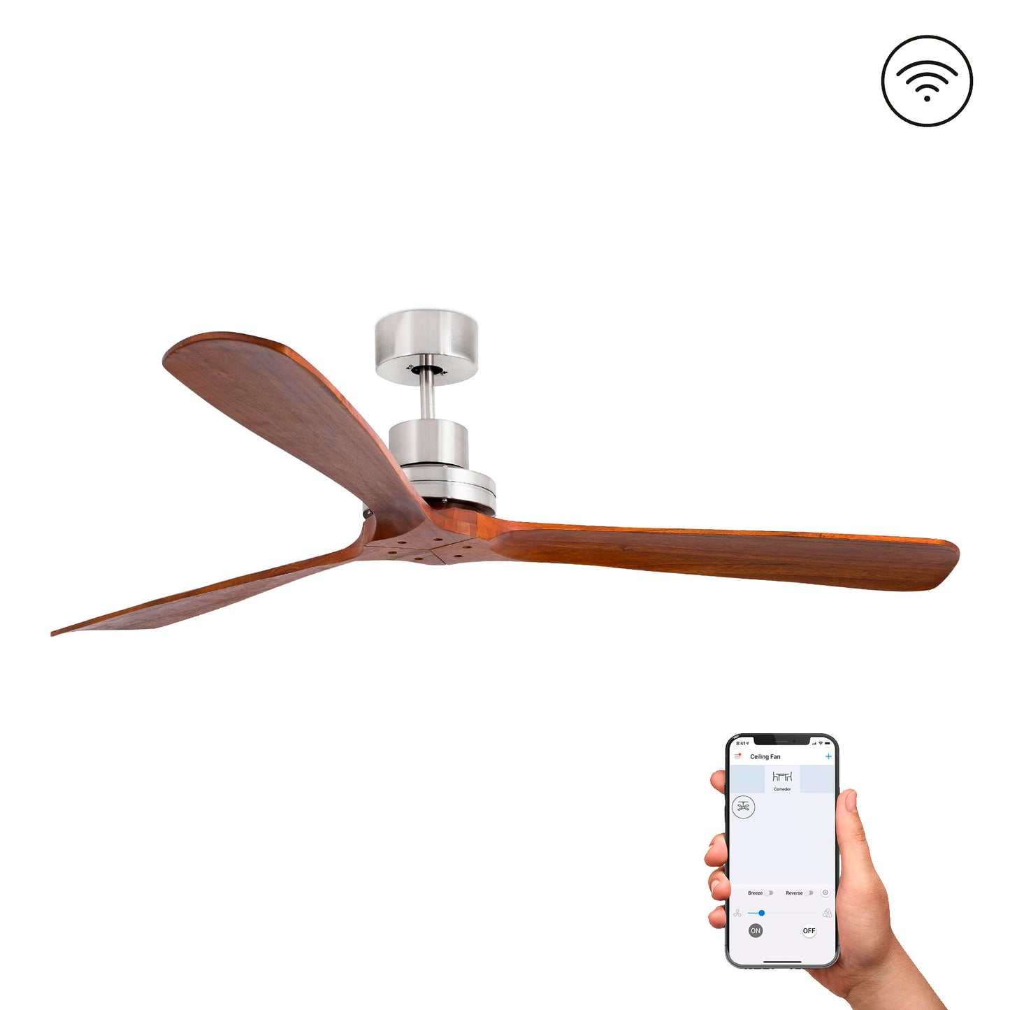 Ventilador de techo LANTAU XL en níquel mate y nogal de FARO, modelo 33464DCWW, sin luz, motor DC, mando a distancia, función inversa para techos inclinados