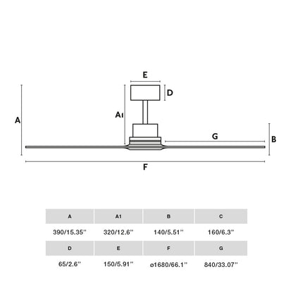 Medidas y dimensiones del ventilador de techo LANTAU XL en níquel mate con palas de nogal FARO modelo 33464DCWW - ventilador sin luz, motor DC, mando a distancia, función inversa y adaptable a techos inclinados