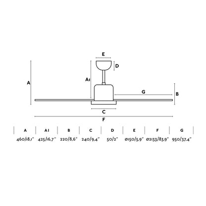 Ventilador de techo ANDROS XXL Gris modelo 33465-110 de FARO con motor DC, mando a distancia y función inversa para techos inclinados - dimensiones y medidas detalladas para ventilación sin luz