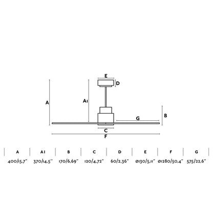 Ventilador de techo NASSAU M marrón modelo 33478 de FARO con medidas detalladas: diámetro de aspas 132 cm, altura total 28 cm, motor DC eficiente para techos inclinados, función inversa y mando a distancia incluido, sin luz integrada para ventilación óptima en interiores.